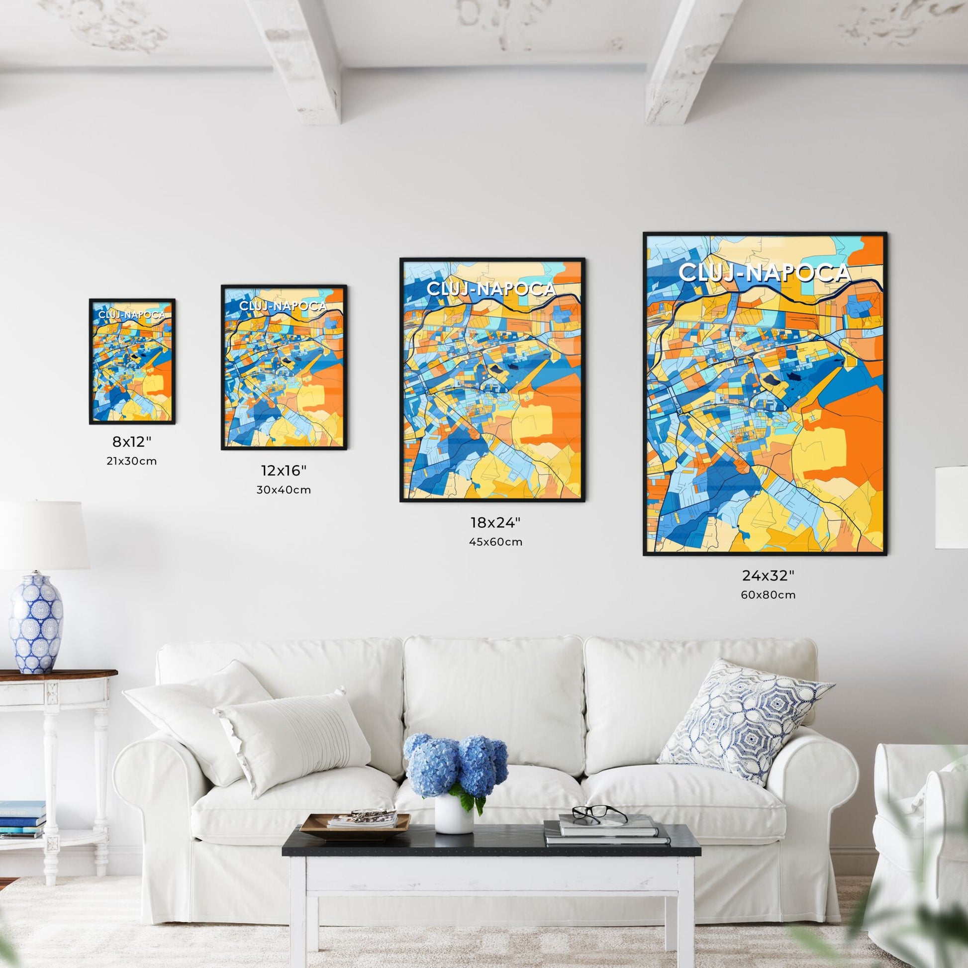 CLUJ-NAPOCA ROMANIA Vibrant Colorful Art Map Poster Blue Orange