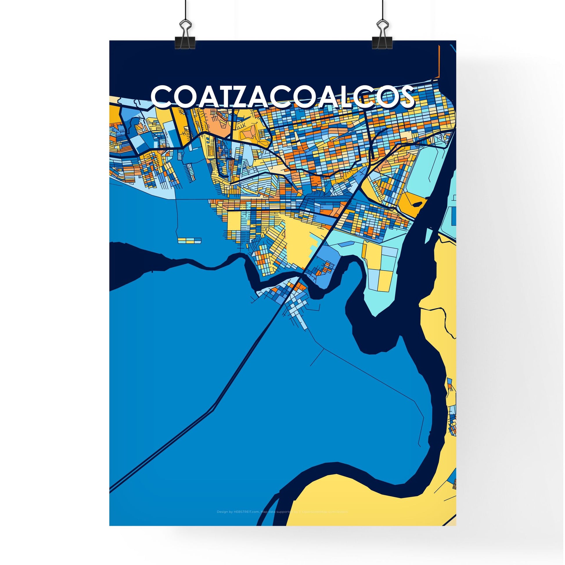 COATZACOALCOS MEXICO Vibrant Colorful Art Map Poster Blue Orange