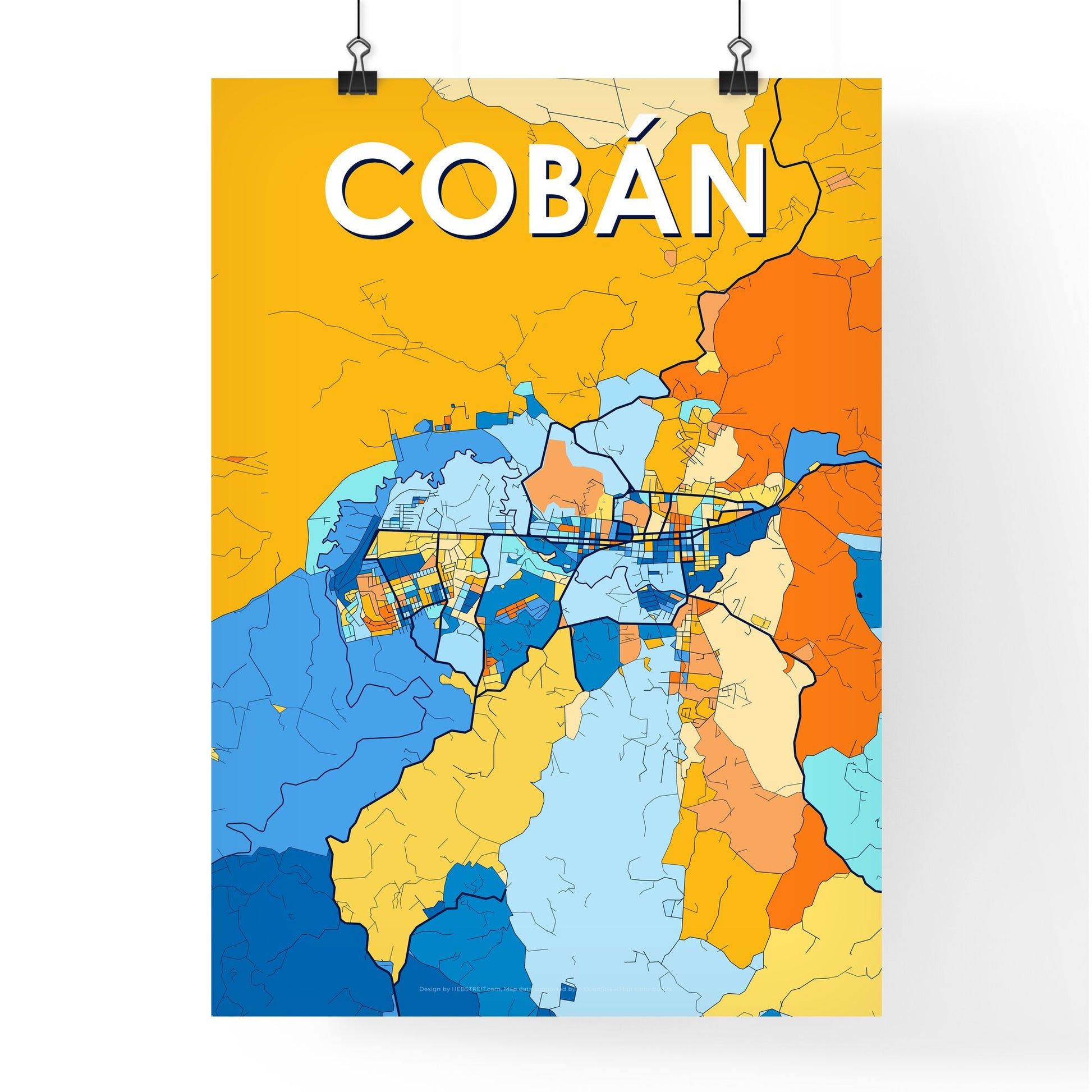 COBÁN GUATEMALA Vibrant Colorful Art Map Poster Blue Orange