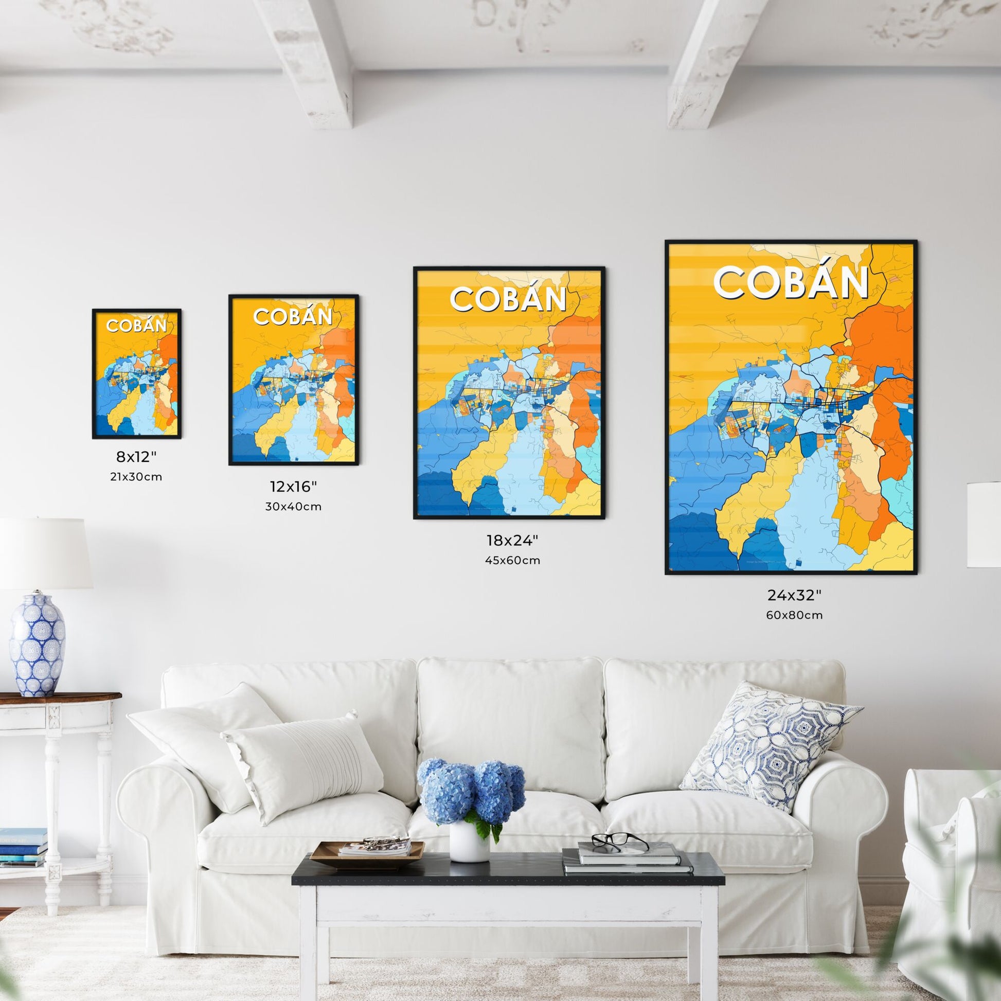 COBÁN GUATEMALA Vibrant Colorful Art Map Poster Blue Orange