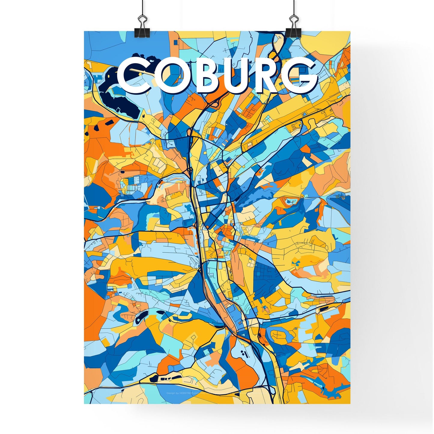 COBURG GERMANY Vibrant Colorful Art Map Poster Blue Orange