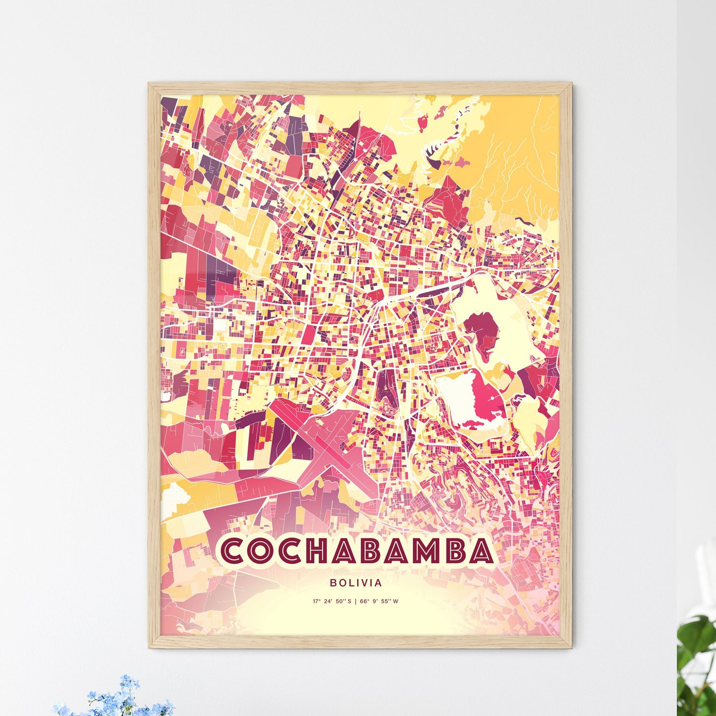 Colorful Cochabamba Bolivia Fine Art Map Hot Red
