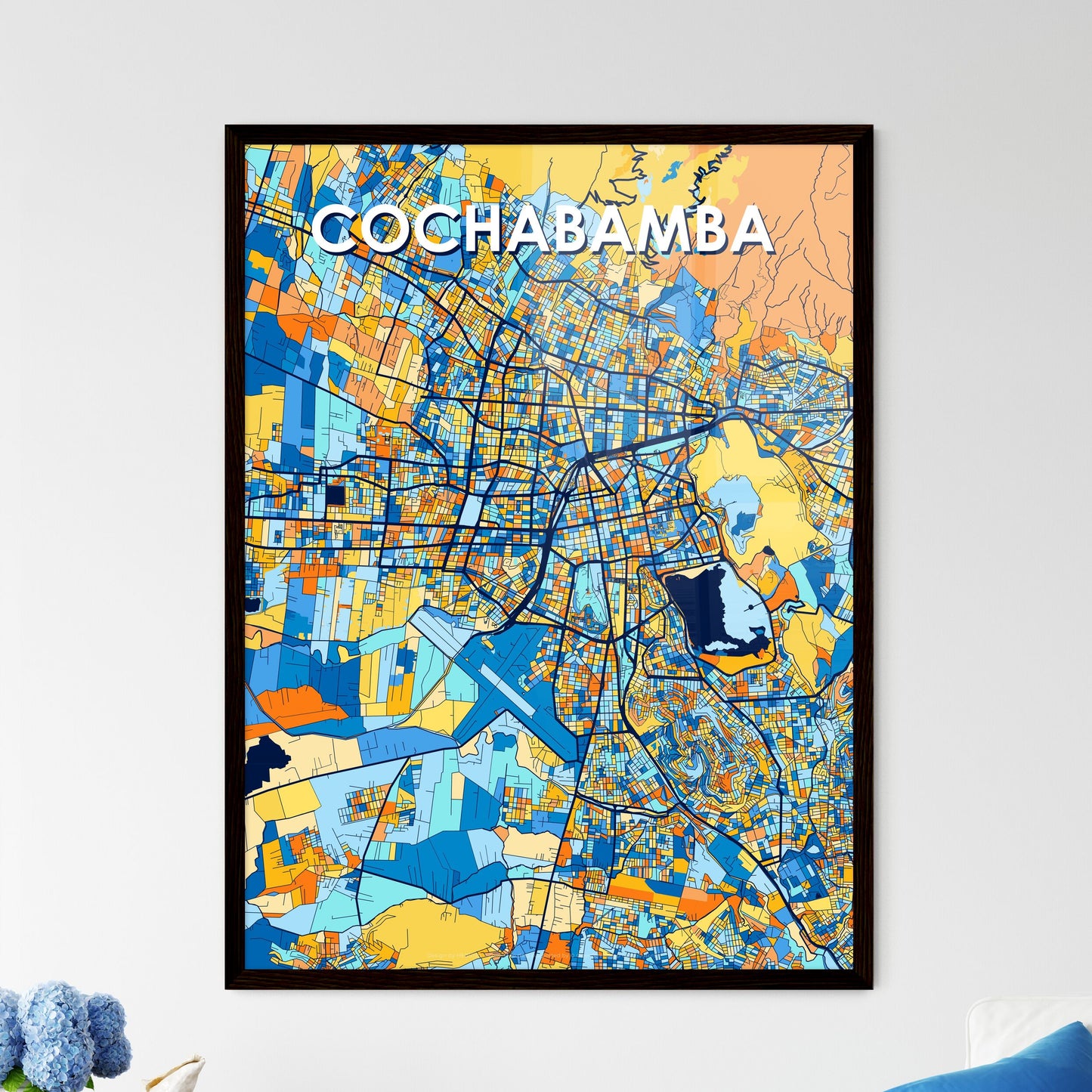 COCHABAMBA BOLIVIA Vibrant Colorful Art Map Poster Blue Orange