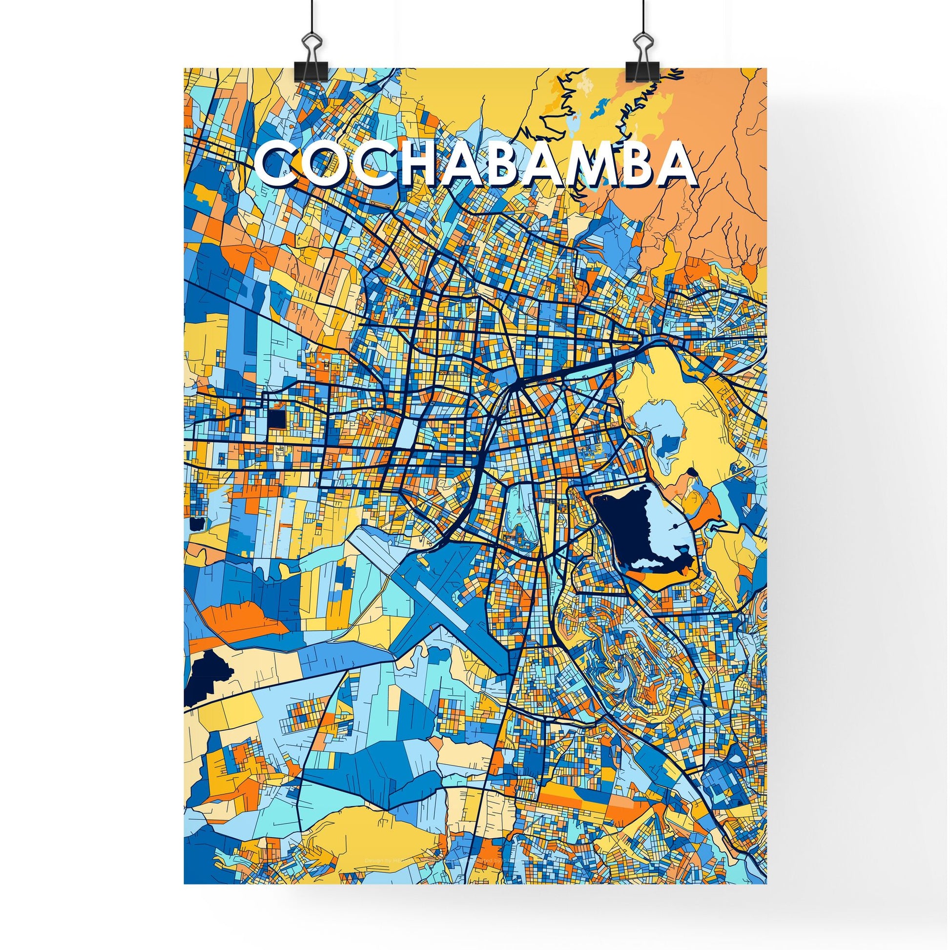 COCHABAMBA BOLIVIA Vibrant Colorful Art Map Poster Blue Orange