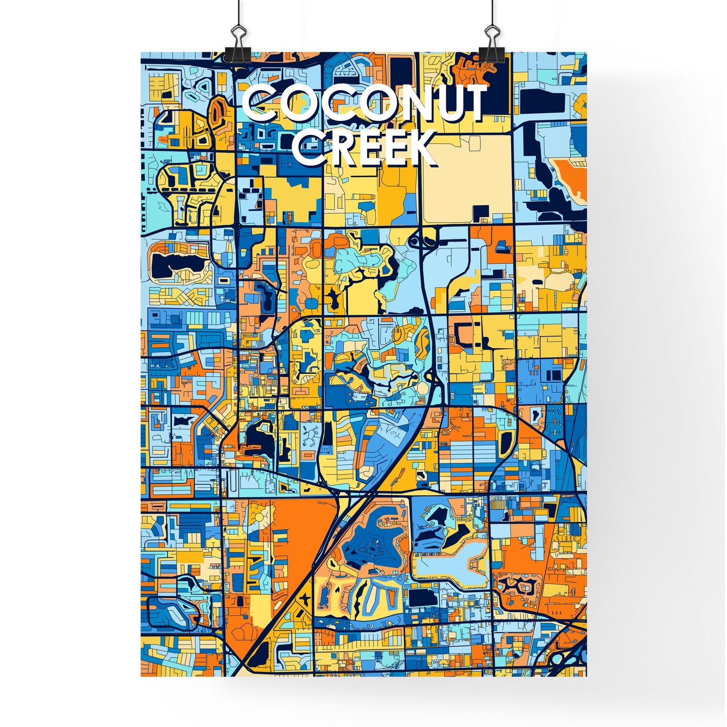 COCONUT CREEK FLORIDA Vibrant Colorful Art Map Poster Blue Orange