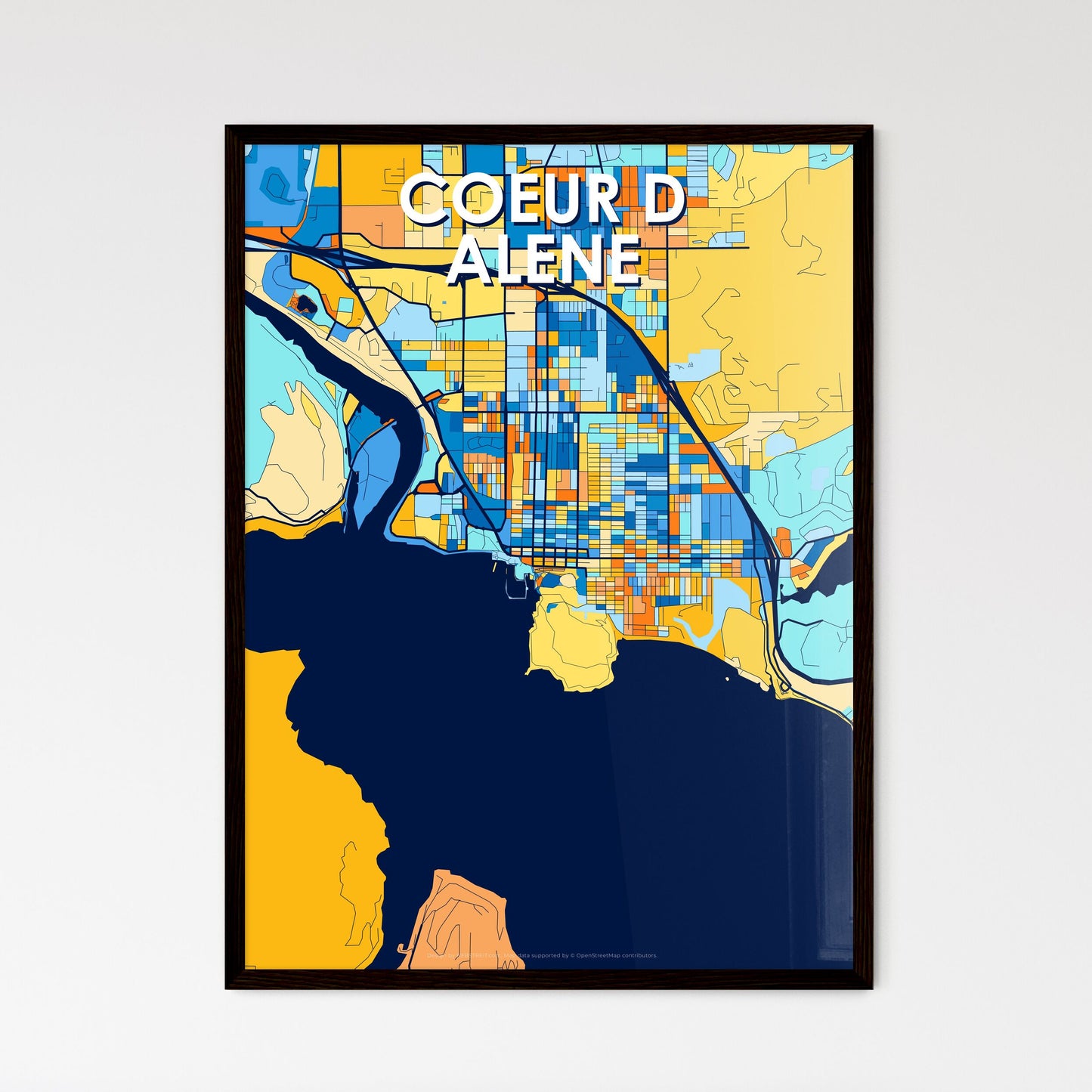 COEUR D ALENE IDAHO Vibrant Colorful Art Map Poster Blue Orange