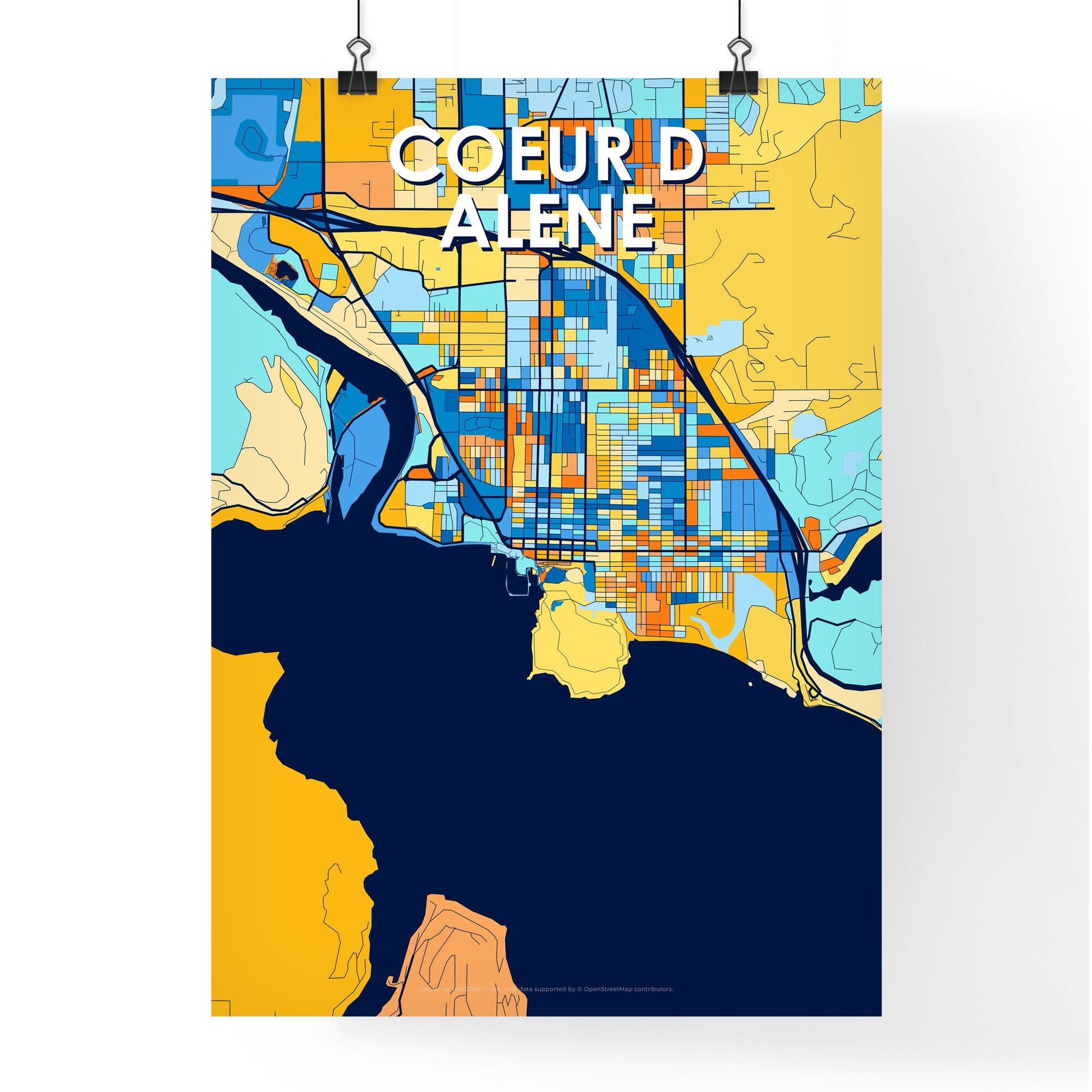 COEUR D ALENE IDAHO Vibrant Colorful Art Map Poster Blue Orange