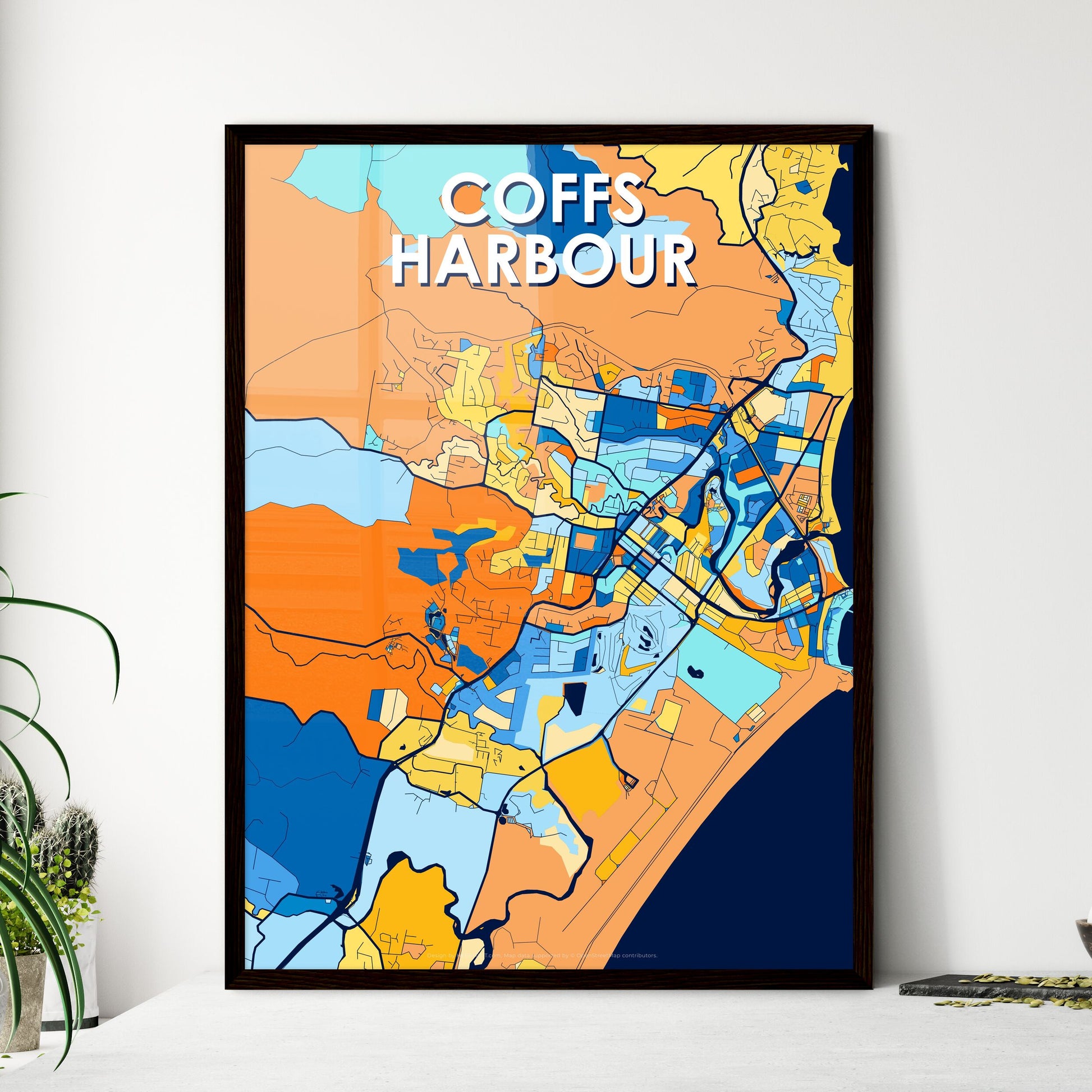 COFFS HARBOUR AUSTRALIA Vibrant Colorful Art Map Poster Blue Orange