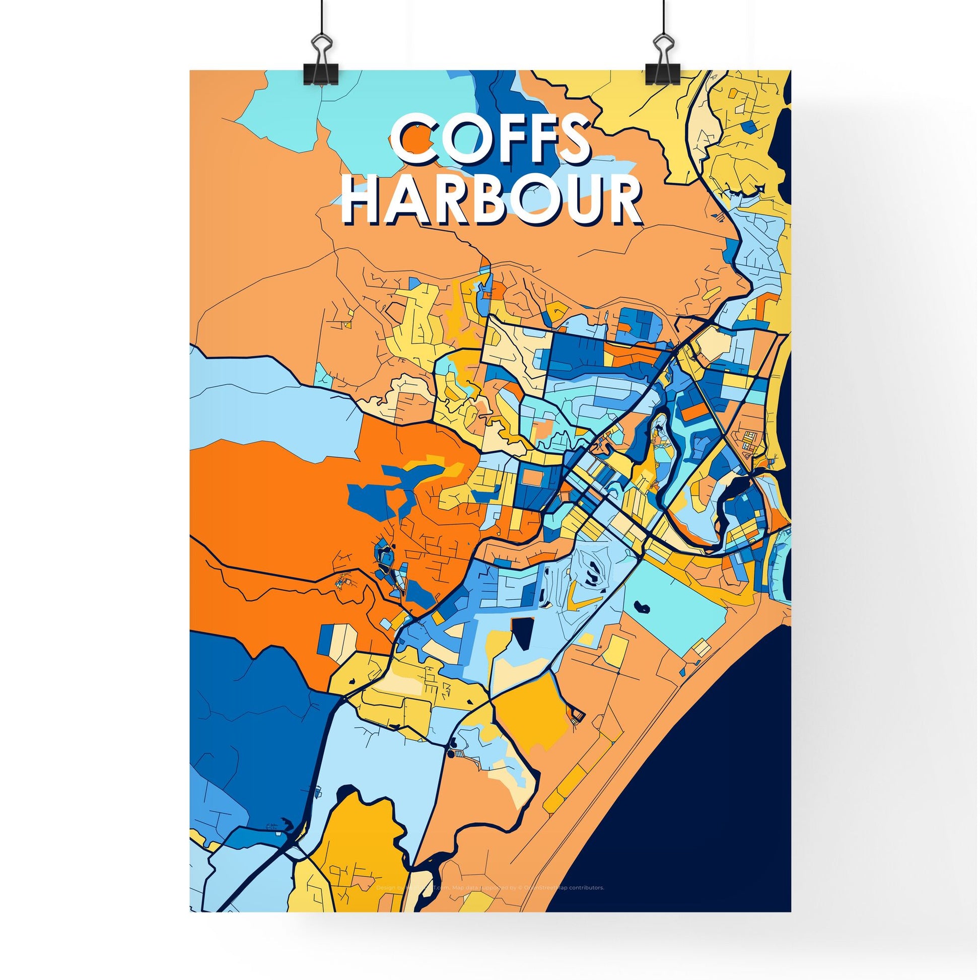 COFFS HARBOUR AUSTRALIA Vibrant Colorful Art Map Poster Blue Orange