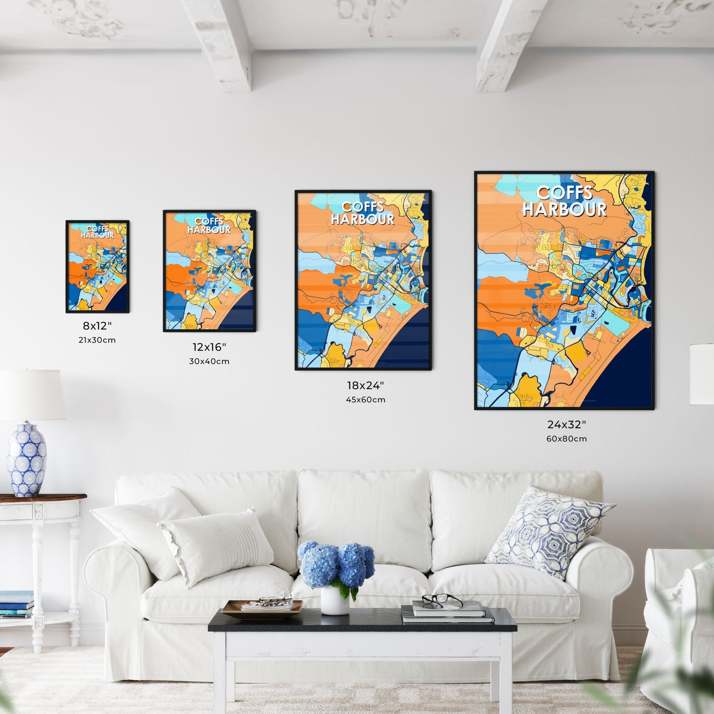 COFFS HARBOUR AUSTRALIA Vibrant Colorful Art Map Poster Blue Orange