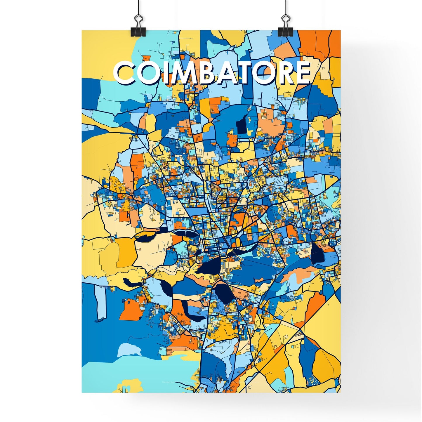 COIMBATORE INDIA Vibrant Colorful Art Map Poster Blue Orange