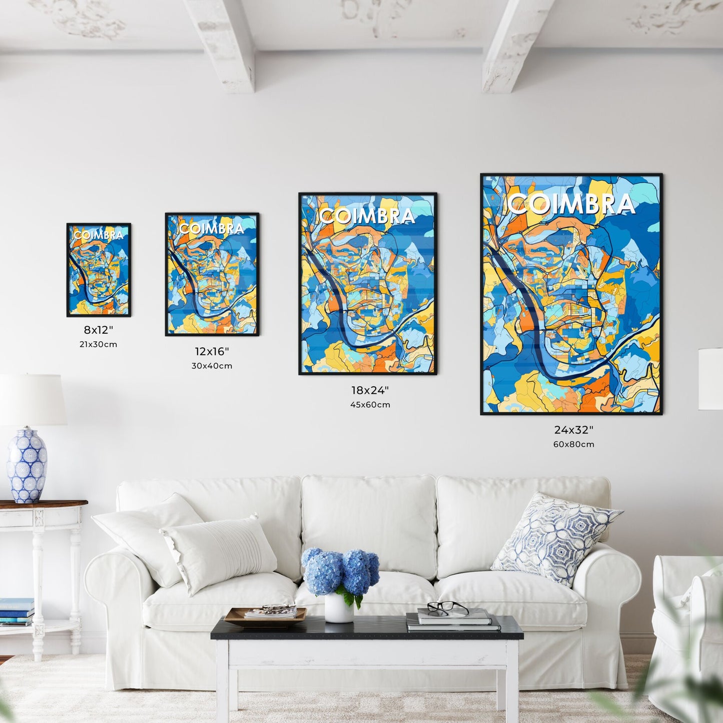 COIMBRA PORTUGAL Vibrant Colorful Art Map Poster Blue Orange