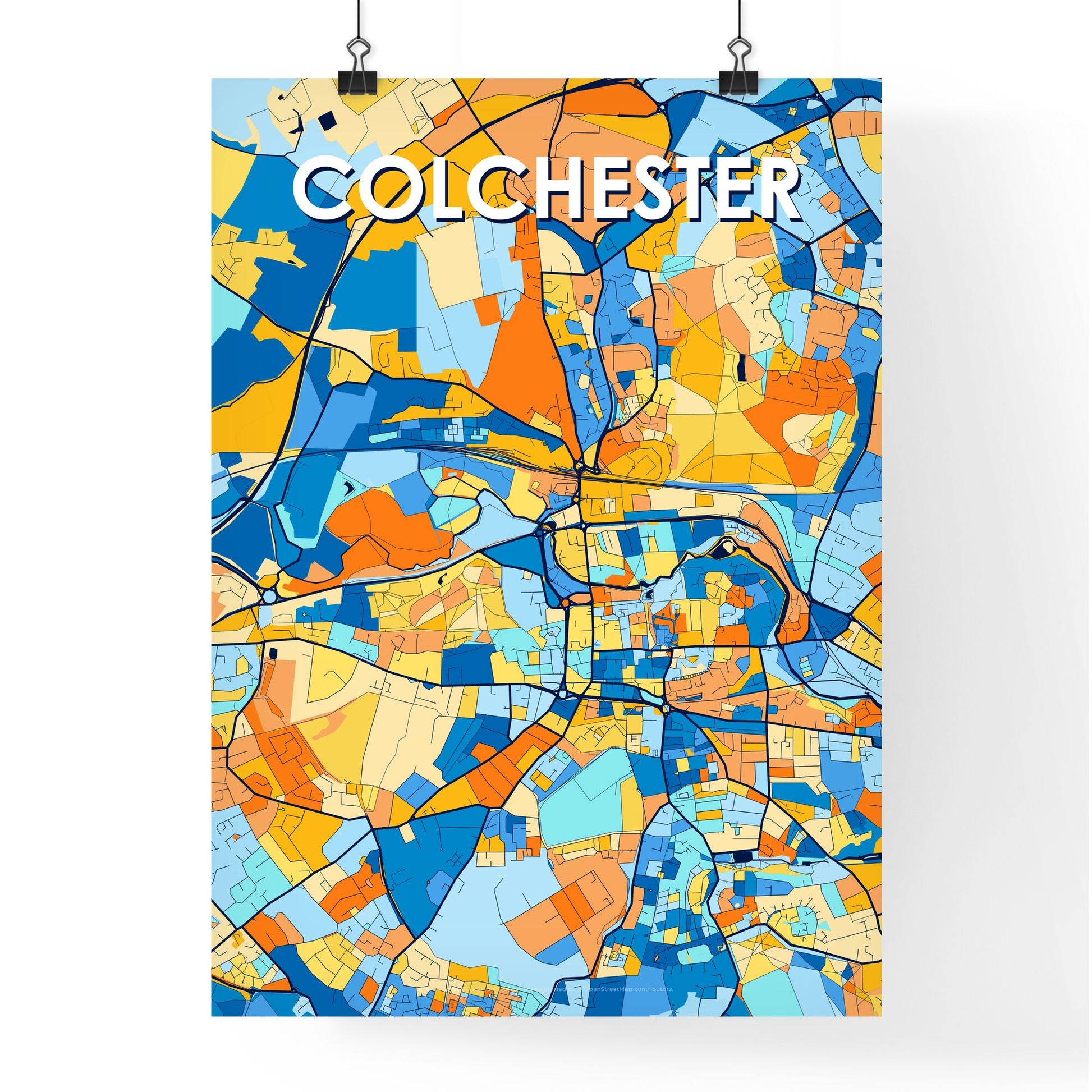 COLCHESTER ENGLAND Vibrant Colorful Art Map Poster Blue Orange