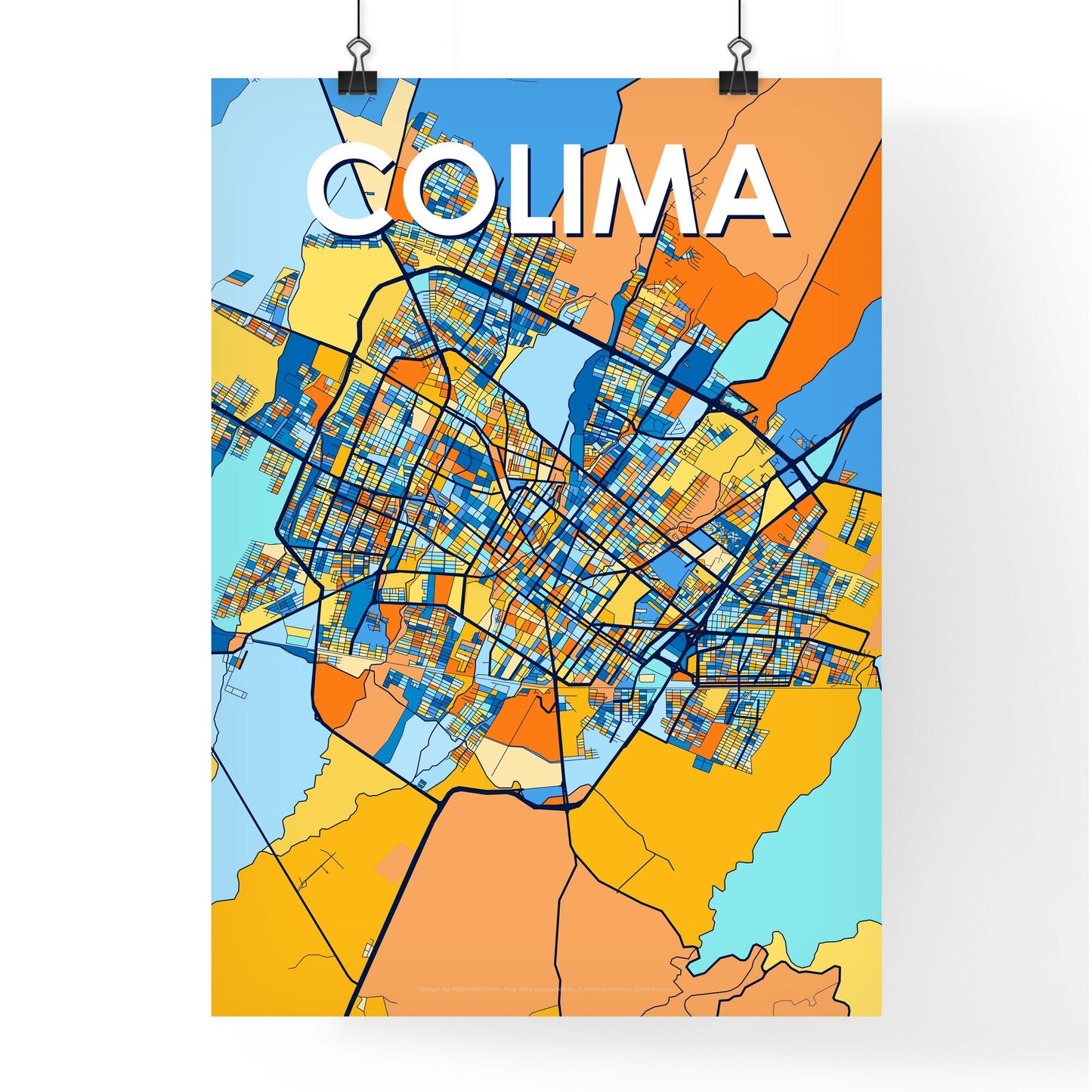 COLIMA MEXICO Vibrant Colorful Art Map Poster Blue Orange