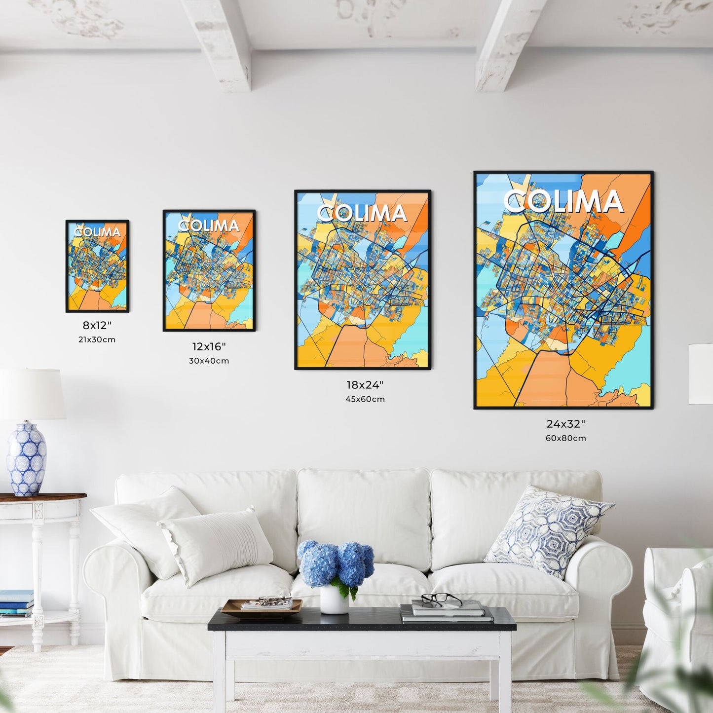 COLIMA MEXICO Vibrant Colorful Art Map Poster Blue Orange