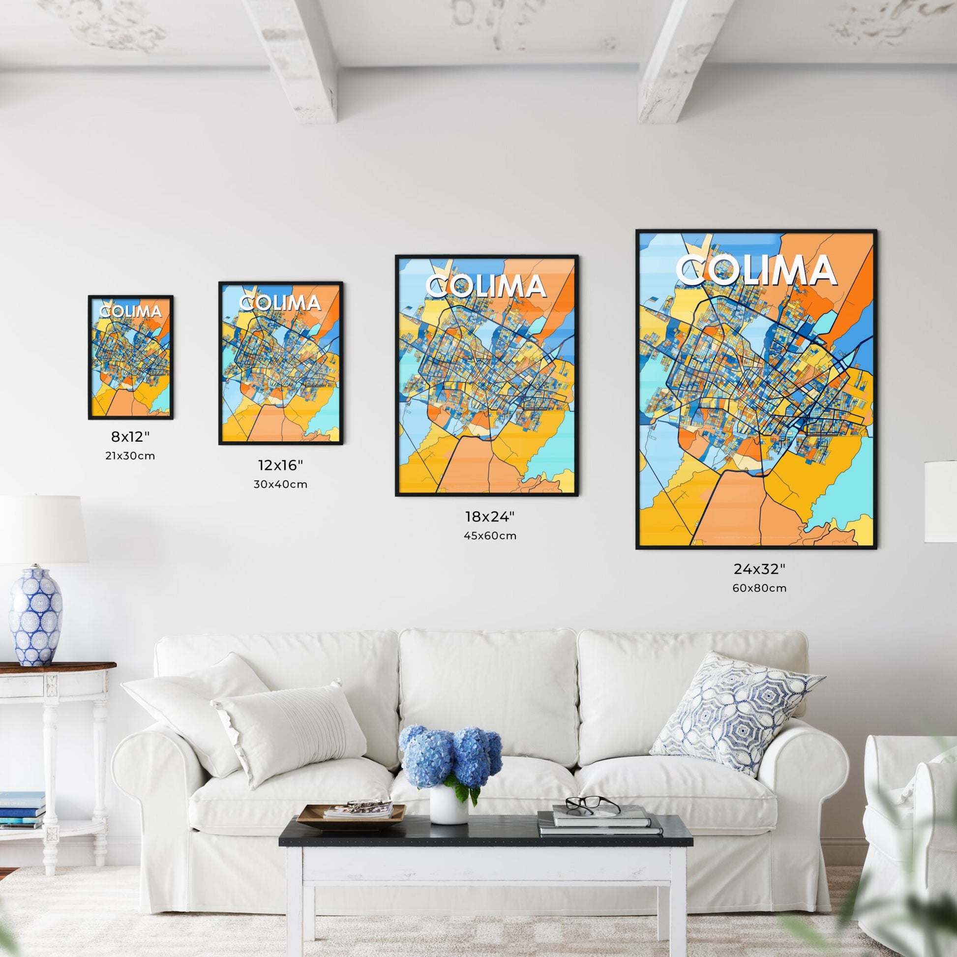 COLIMA MEXICO Vibrant Colorful Art Map Poster Blue Orange