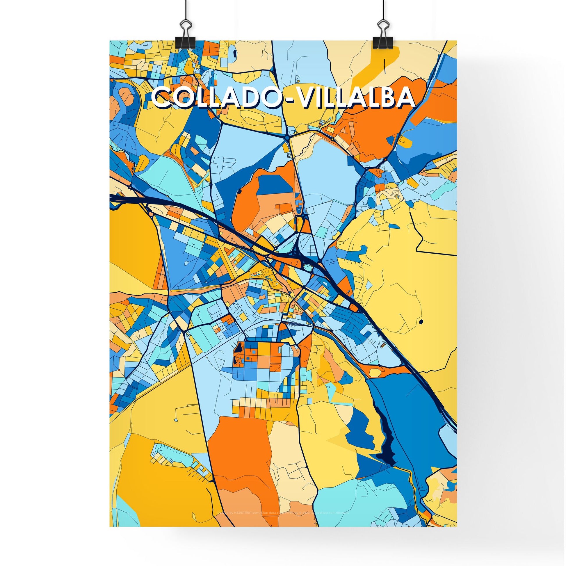 COLLADO-VILLALBA SPAIN Vibrant Colorful Art Map Poster Blue Orange