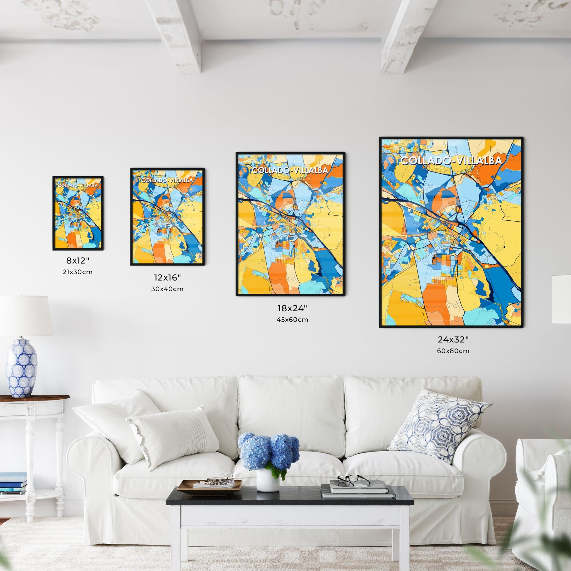 COLLADO-VILLALBA SPAIN Vibrant Colorful Art Map Poster Blue Orange