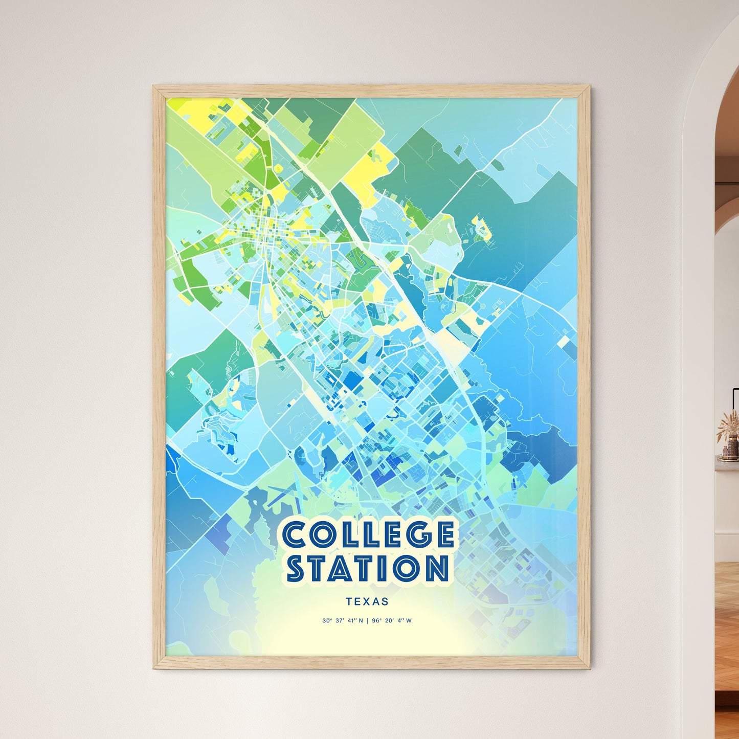 Colorful College Station Texas Fine Art Map Cool Blue