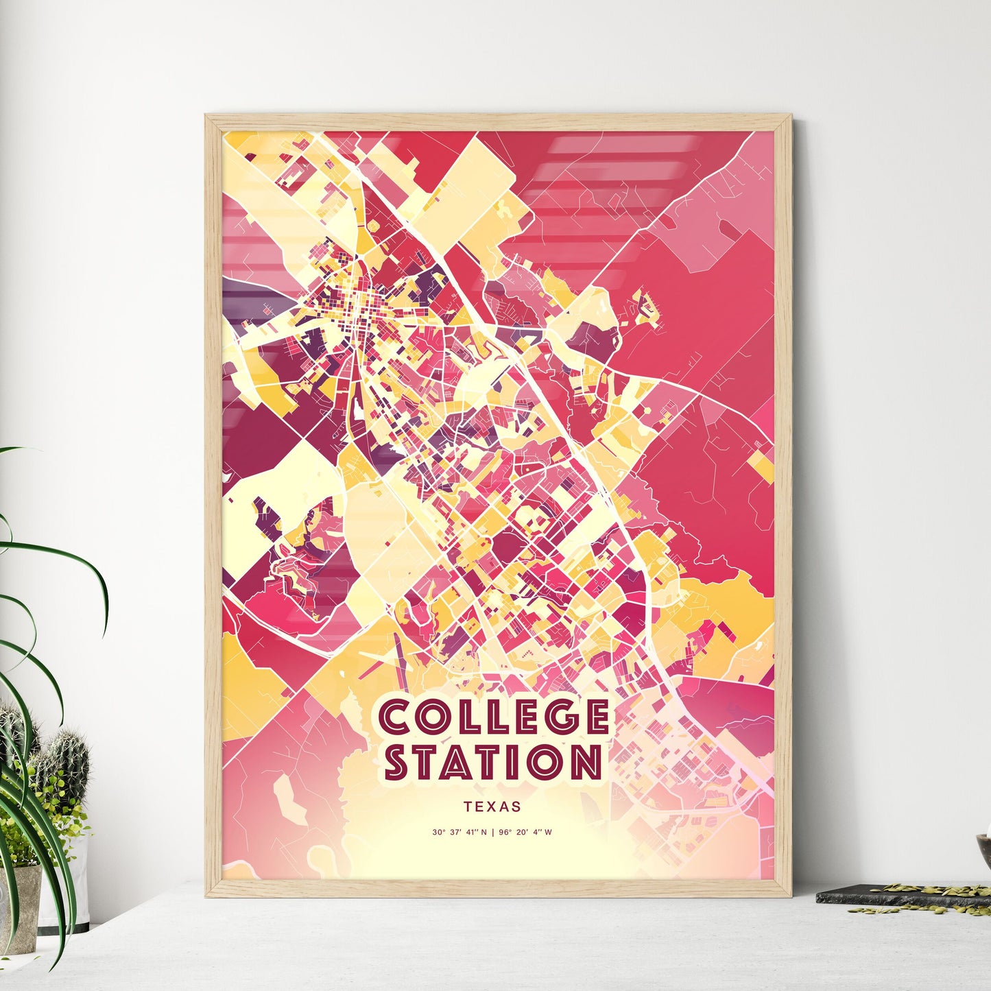 Colorful College Station Texas Fine Art Map Hot Red