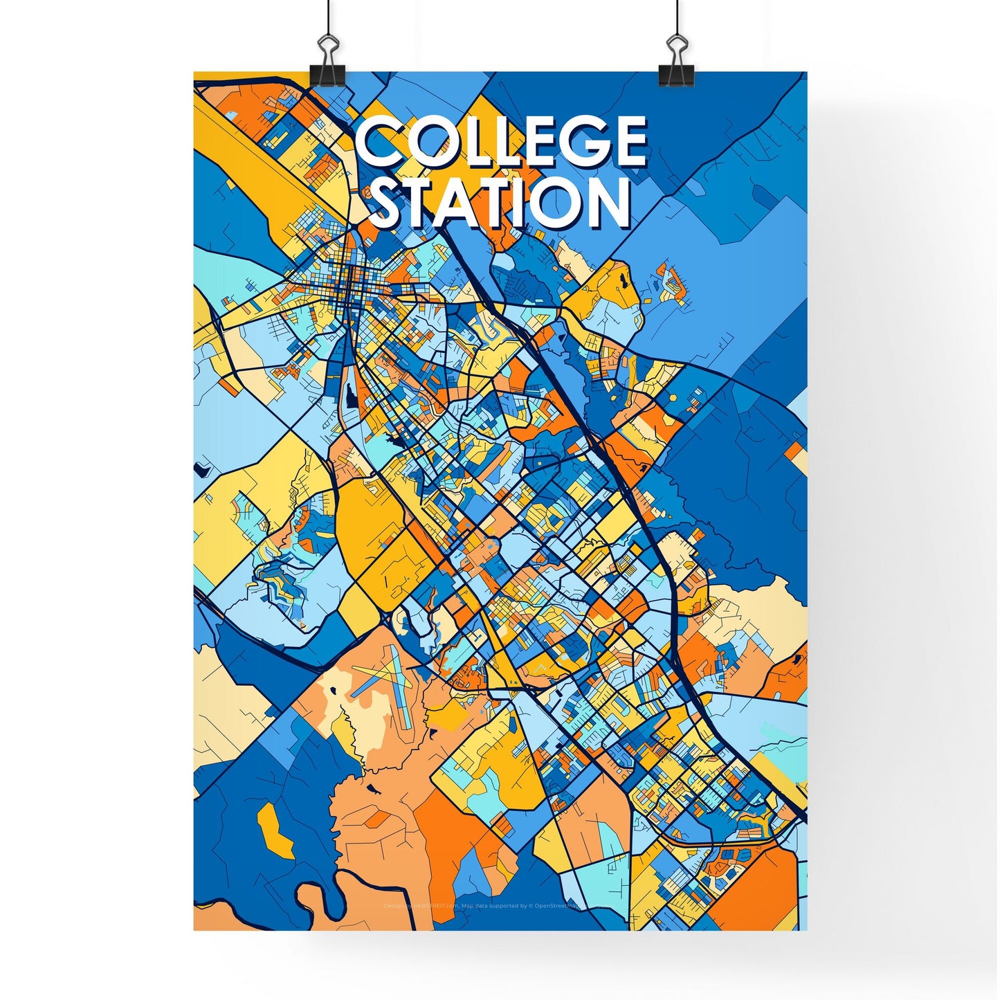 COLLEGE STATION TEXAS Vibrant Colorful Art Map Poster Blue Orange