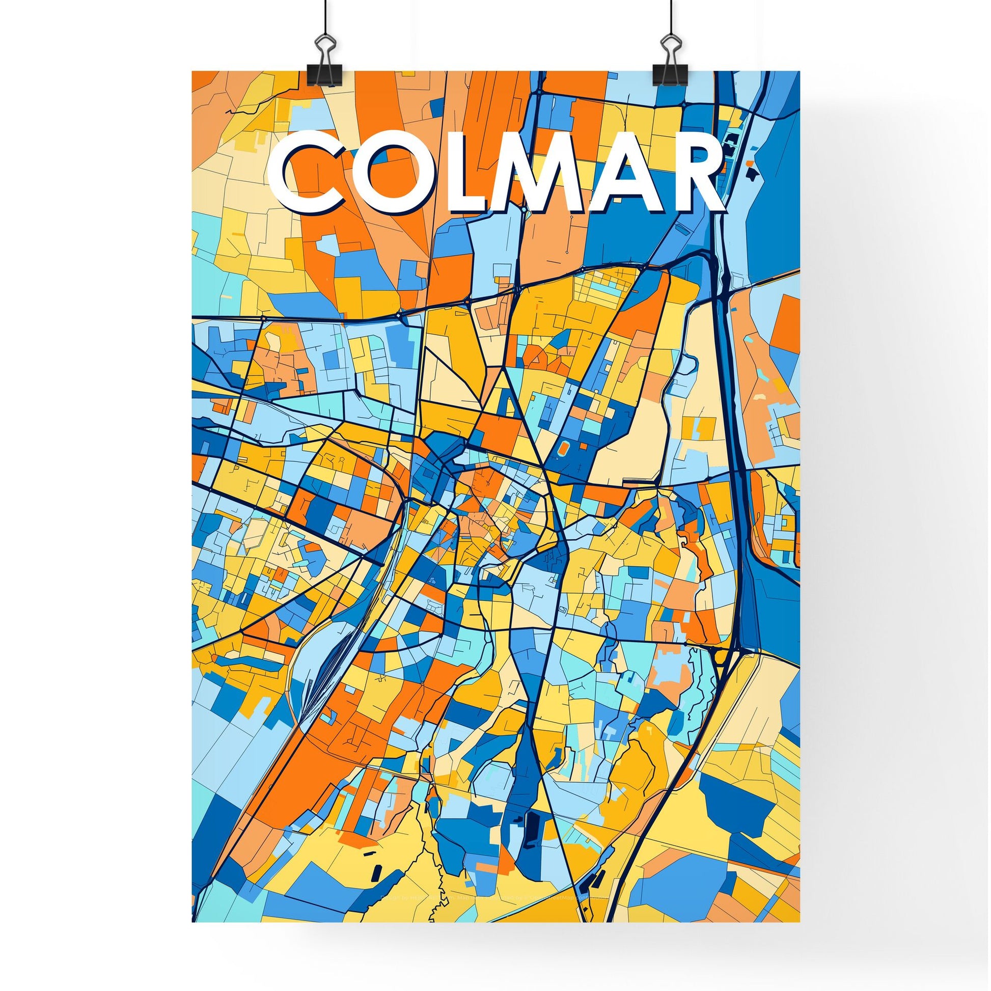 COLMAR FRANCE Vibrant Colorful Art Map Poster Blue Orange