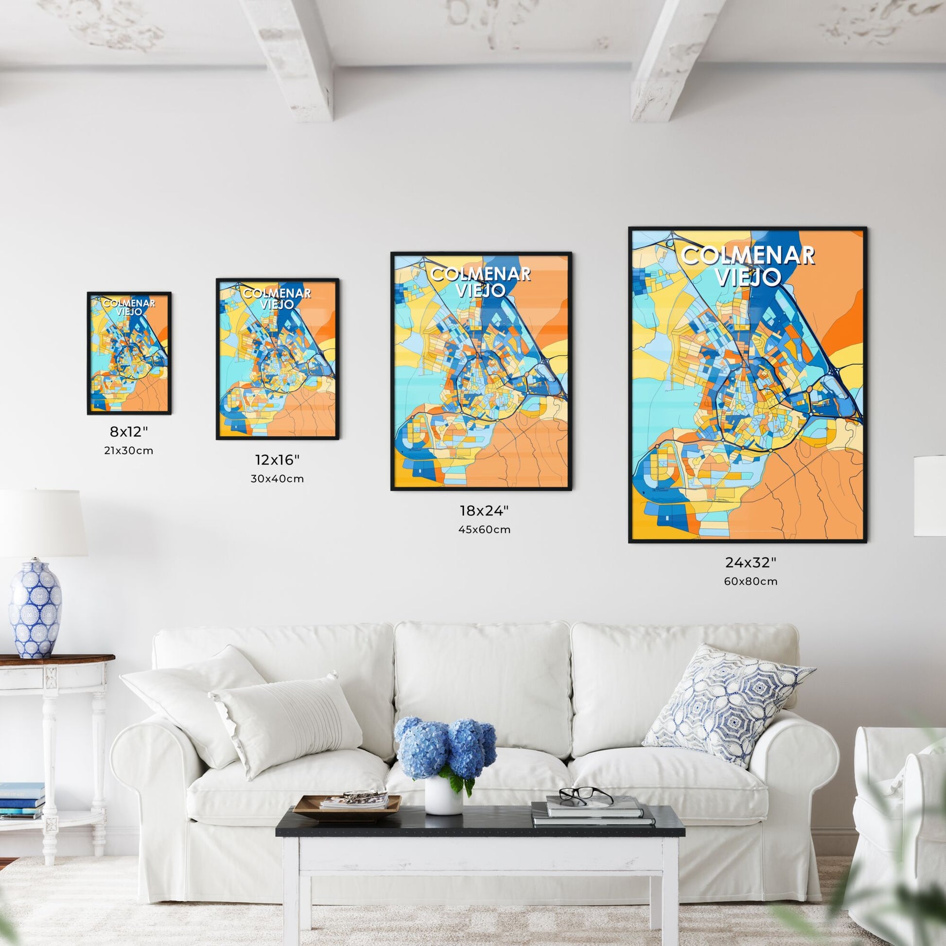 COLMENAR VIEJO SPAIN Vibrant Colorful Art Map Poster Blue Orange