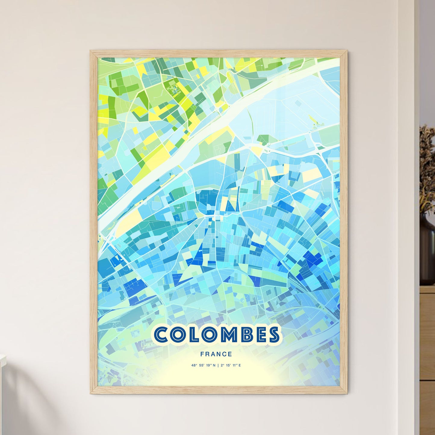 Colorful Colombes France Fine Art Map Cool Blue