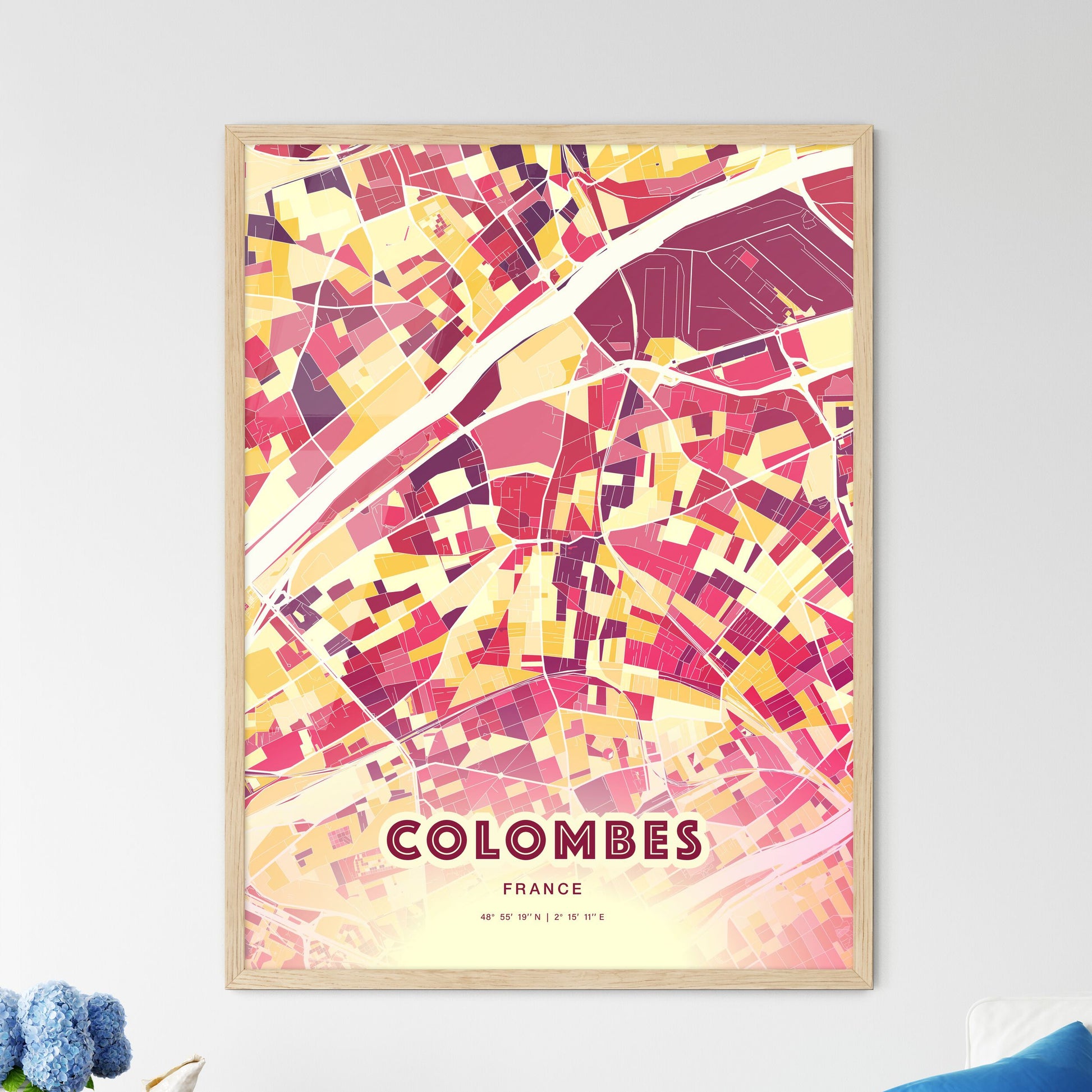 Colorful Colombes France Fine Art Map Hot Red