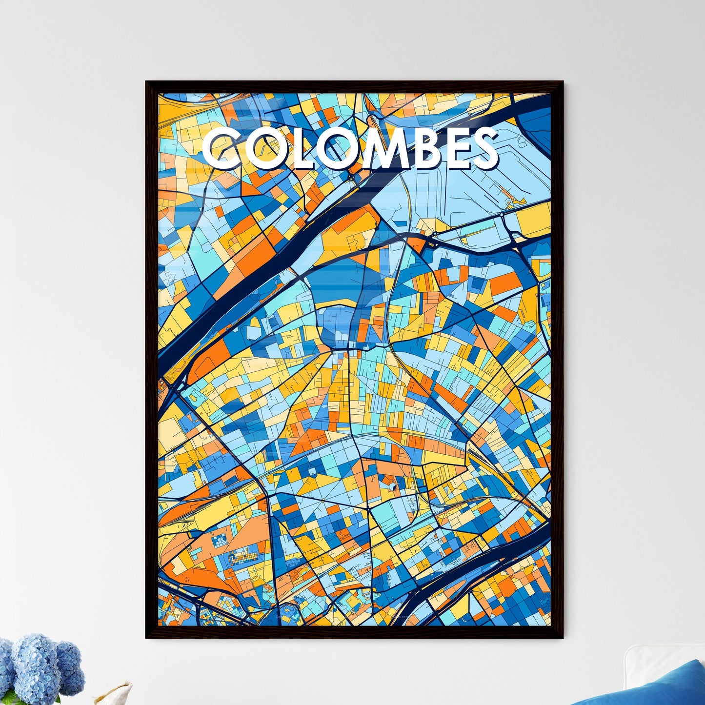 COLOMBES FRANCE Vibrant Colorful Art Map Poster Blue Orange