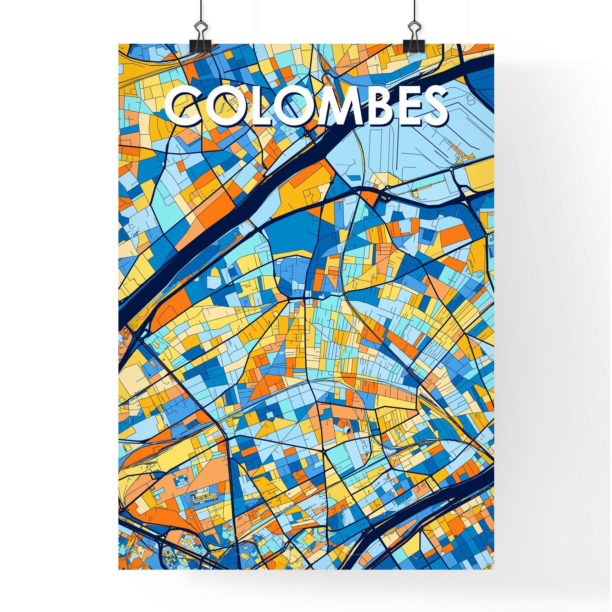 COLOMBES FRANCE Vibrant Colorful Art Map Poster Blue Orange