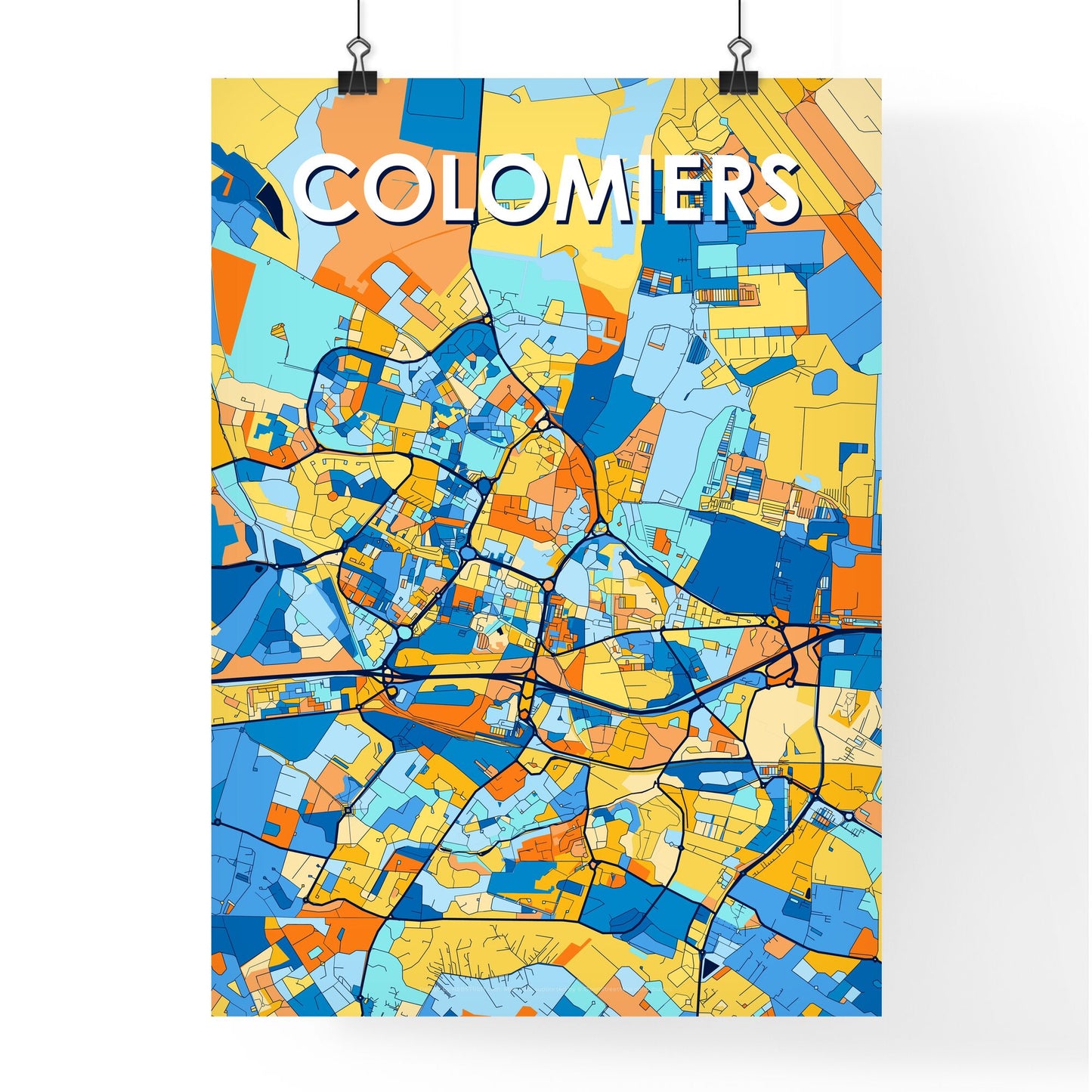 COLOMIERS FRANCE Vibrant Colorful Art Map Poster Blue Orange