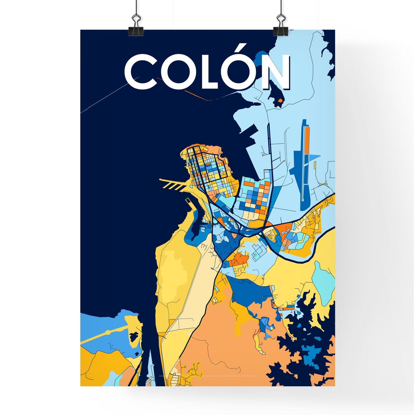 COLÓN PANAMA Vibrant Colorful Art Map Poster Blue Orange