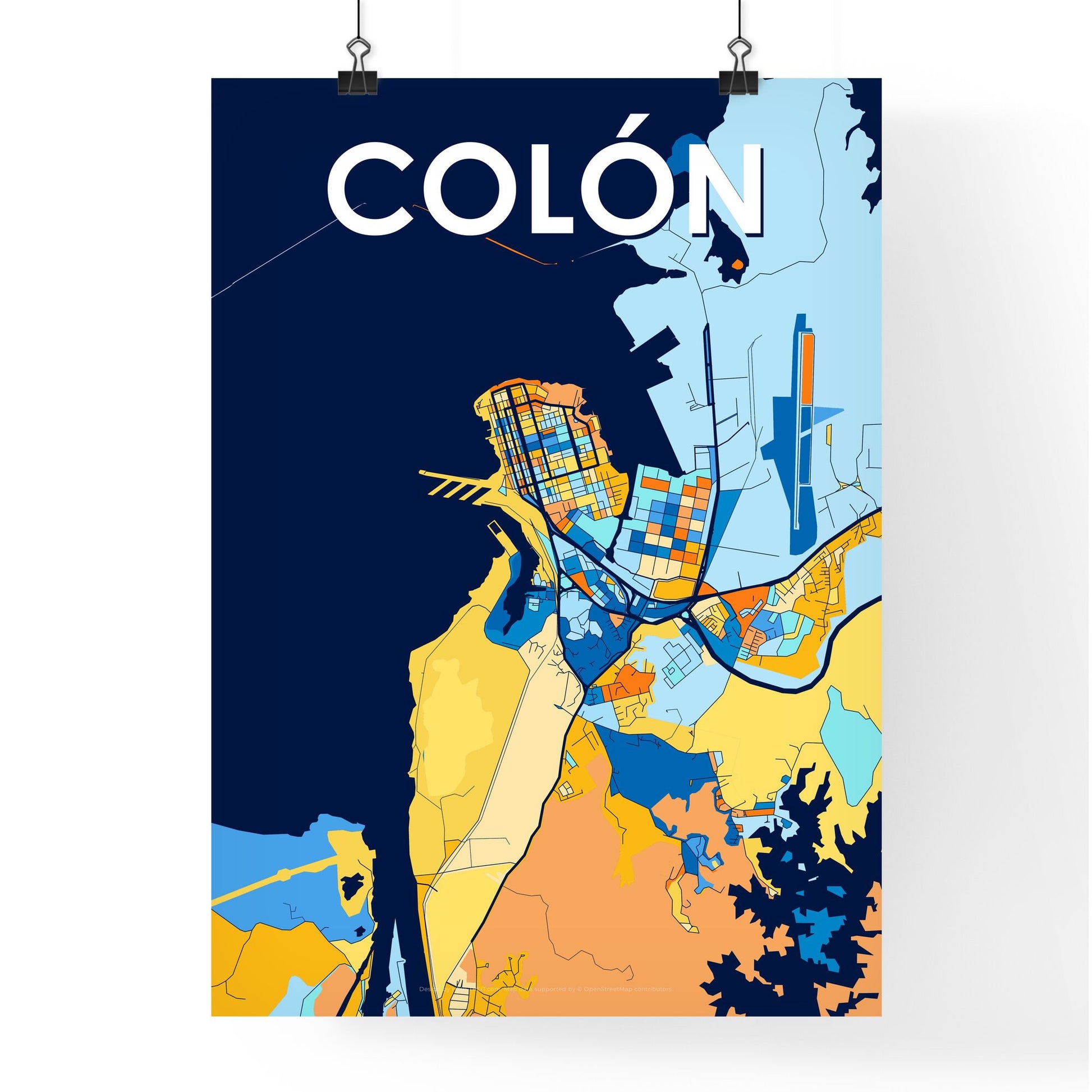 COLÓN PANAMA Vibrant Colorful Art Map Poster Blue Orange