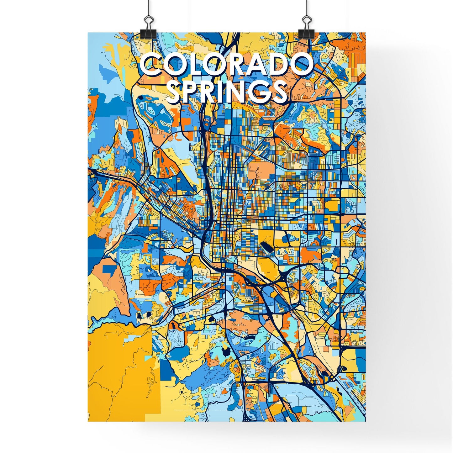 COLORADO SPRINGS COLORADO Vibrant Colorful Art Map Poster Blue Orange