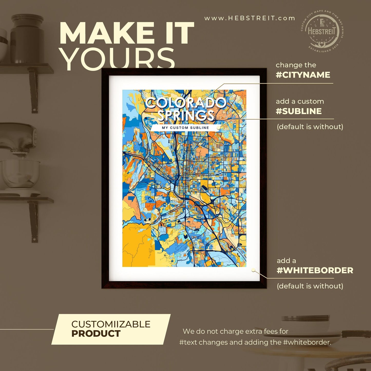 COLORADO SPRINGS COLORADO Vibrant Colorful Art Map Poster Blue Orange