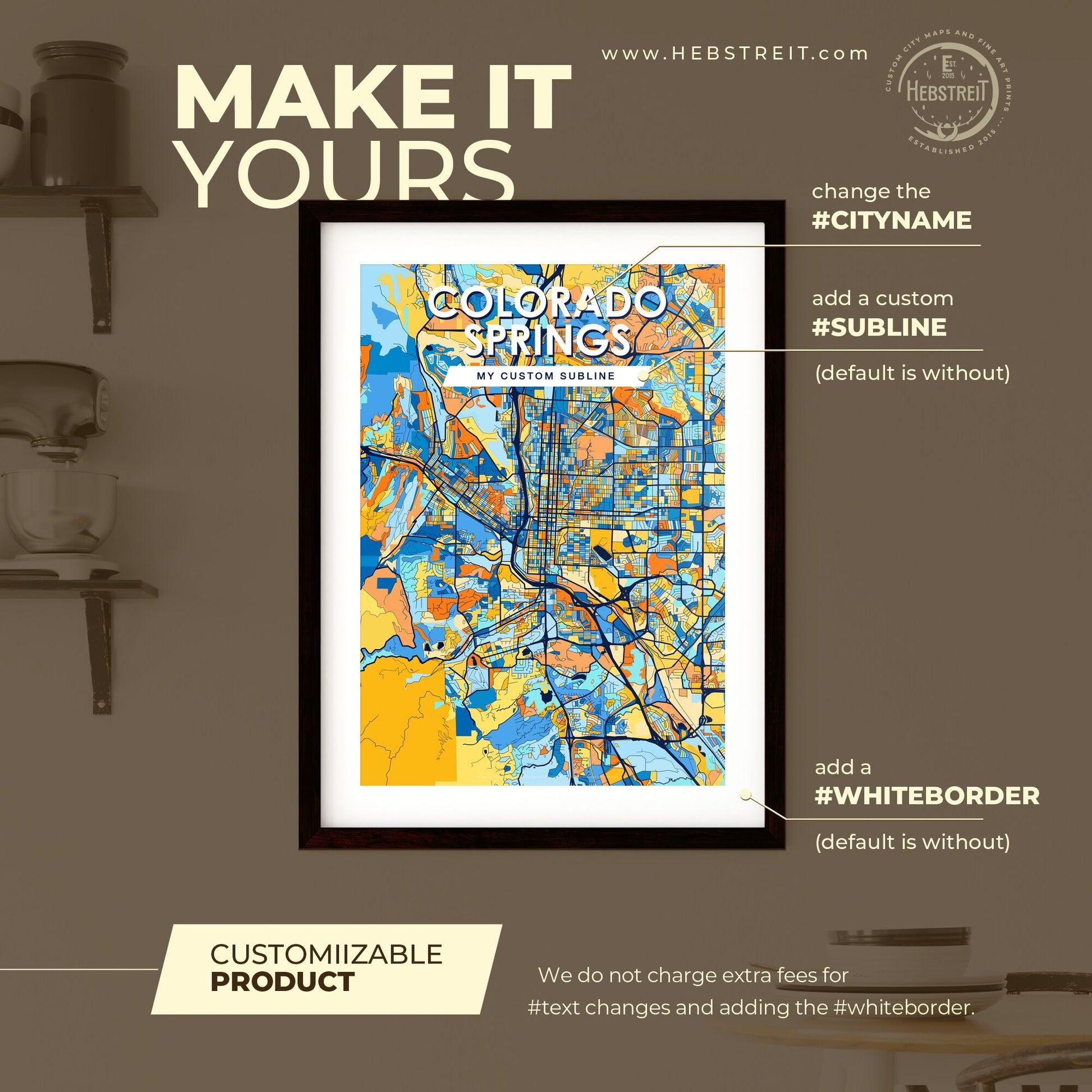 COLORADO SPRINGS COLORADO Vibrant Colorful Art Map Poster Blue Orange