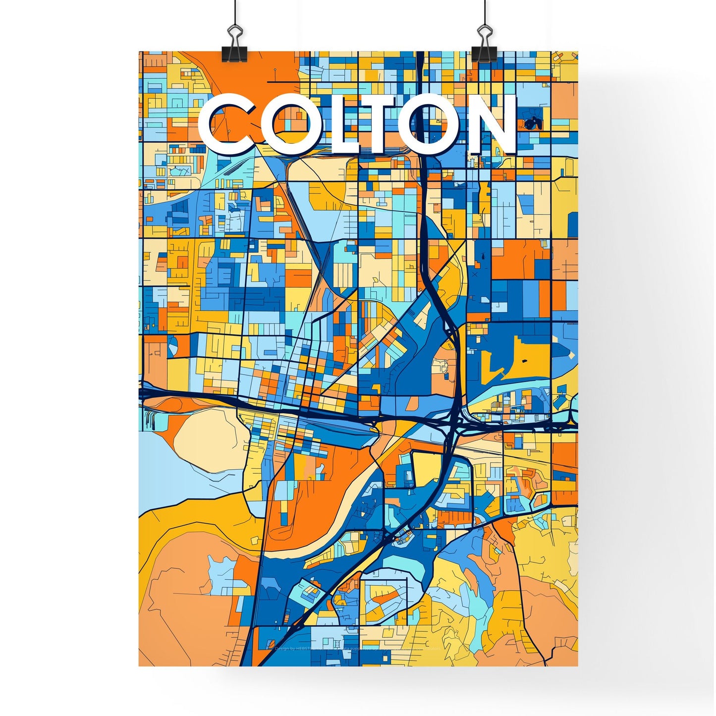 COLTON CALIFORNIA Vibrant Colorful Art Map Poster Blue Orange