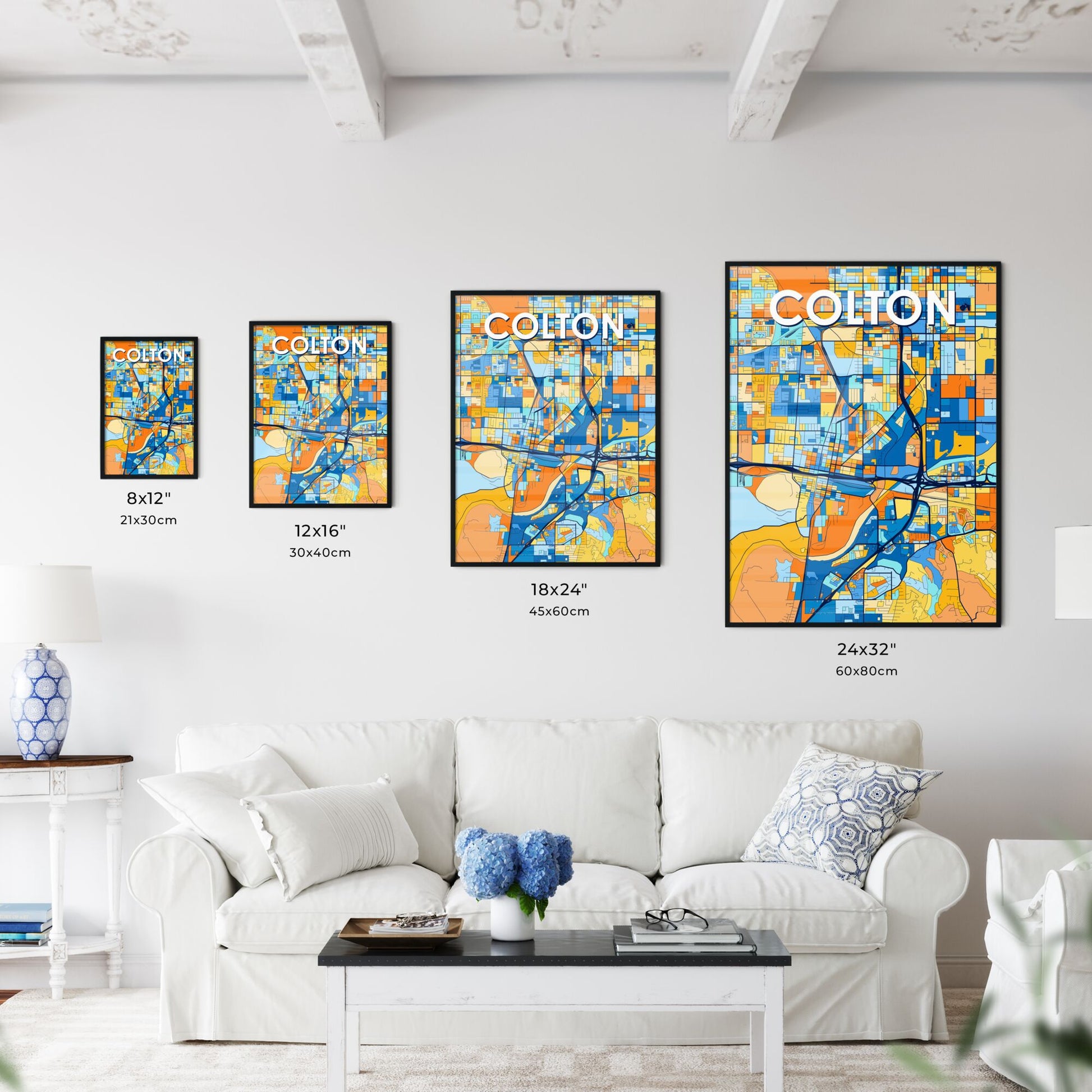 COLTON CALIFORNIA Vibrant Colorful Art Map Poster Blue Orange