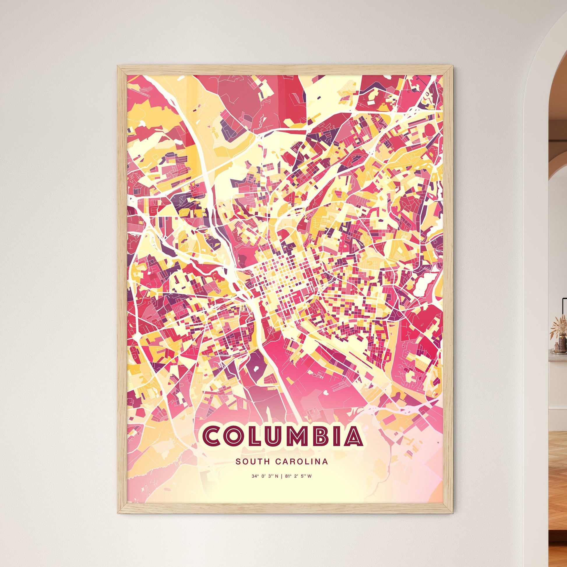 Colorful Columbia South Carolina Fine Art Map Hot Red