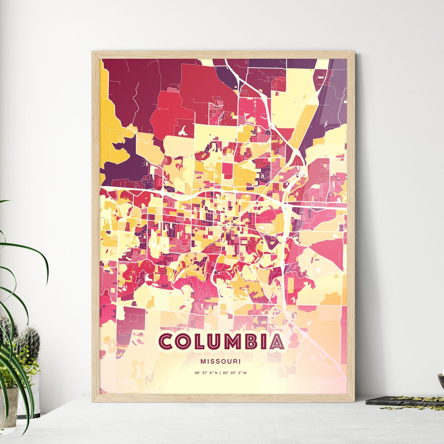 Colorful Columbia Missouri Fine Art Map Hot Red