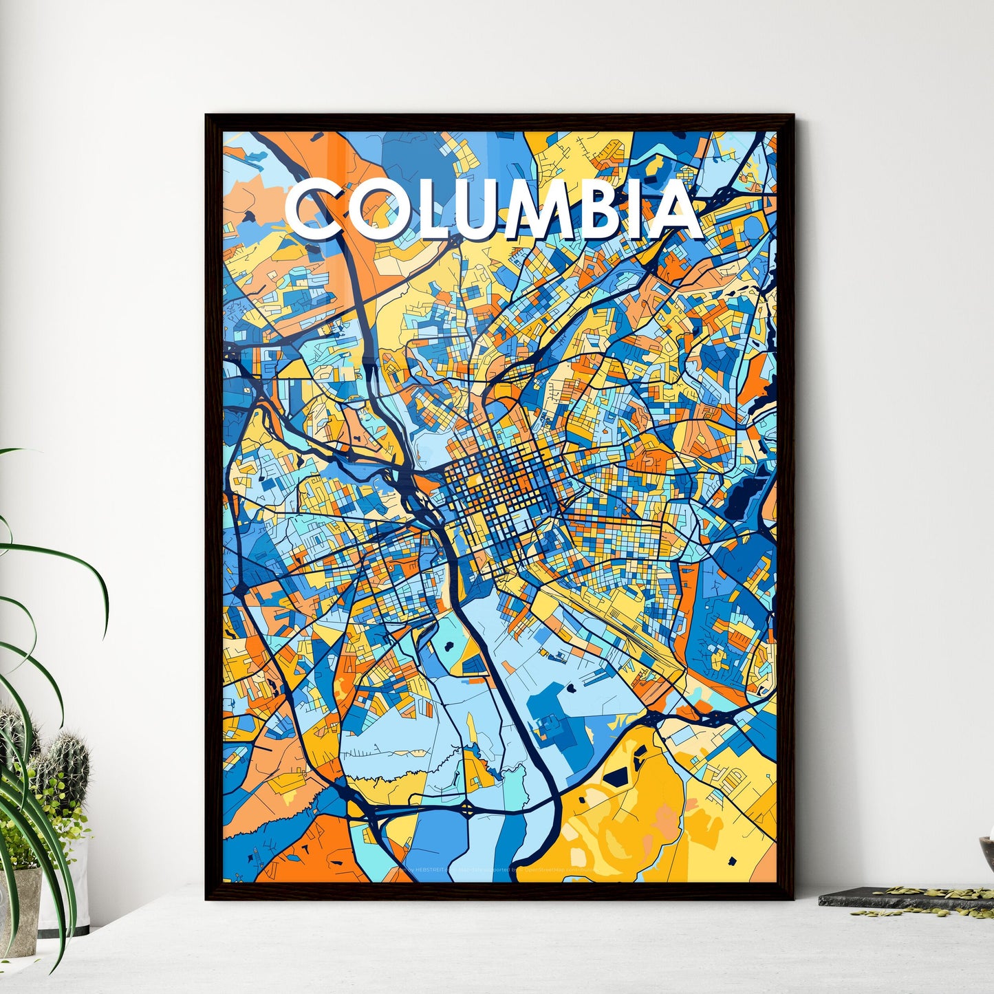 COLUMBIA SOUTH CAROLINA Vibrant Colorful Art Map Poster Blue Orange