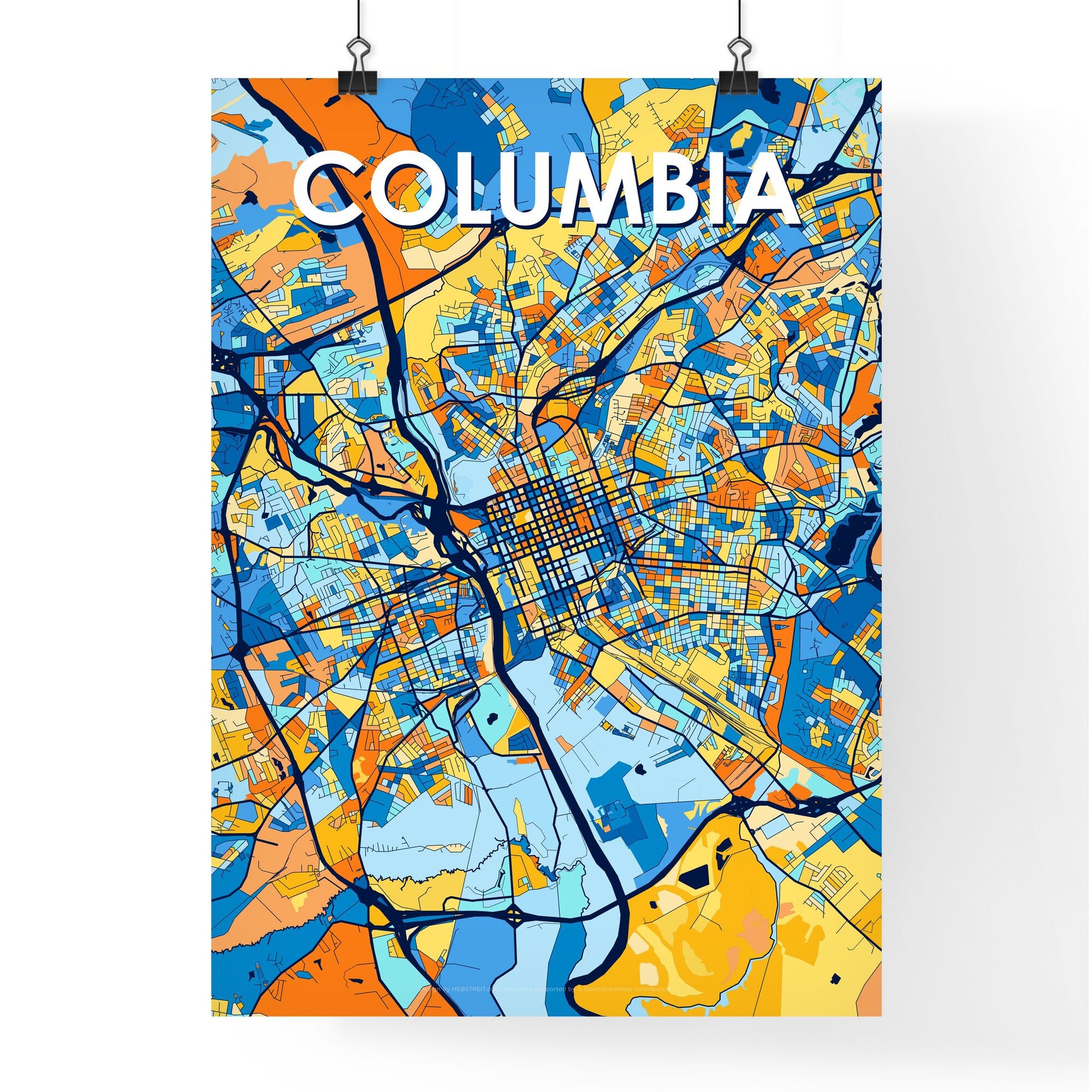 COLUMBIA SOUTH CAROLINA Vibrant Colorful Art Map Poster Blue Orange