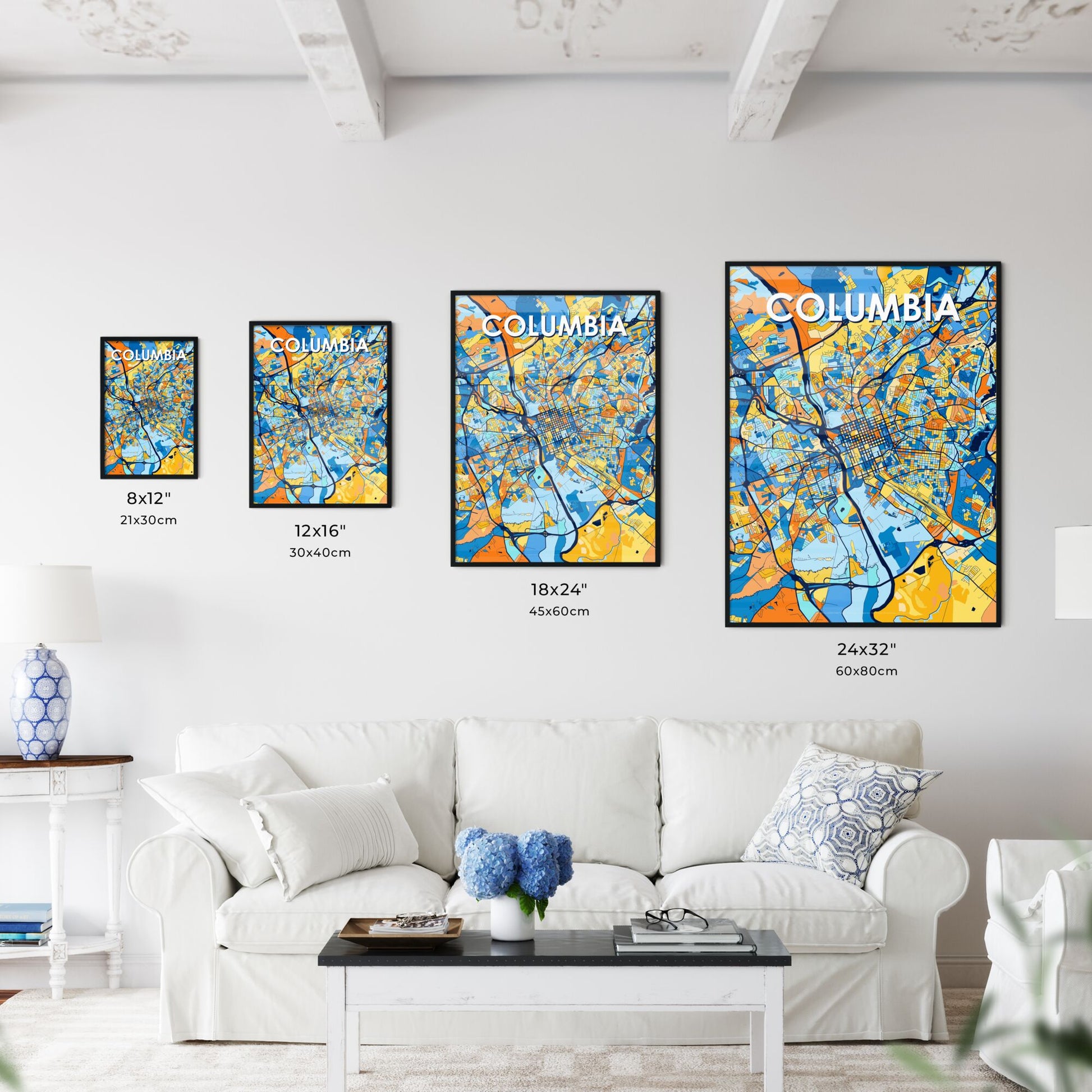 COLUMBIA SOUTH CAROLINA Vibrant Colorful Art Map Poster Blue Orange