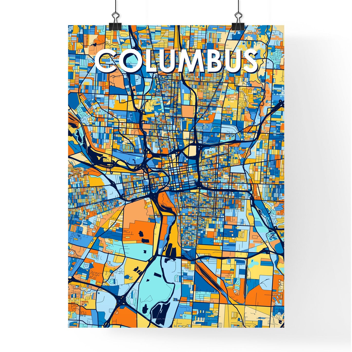 COLUMBUS OHIO Vibrant Colorful Art Map Poster Blue Orange