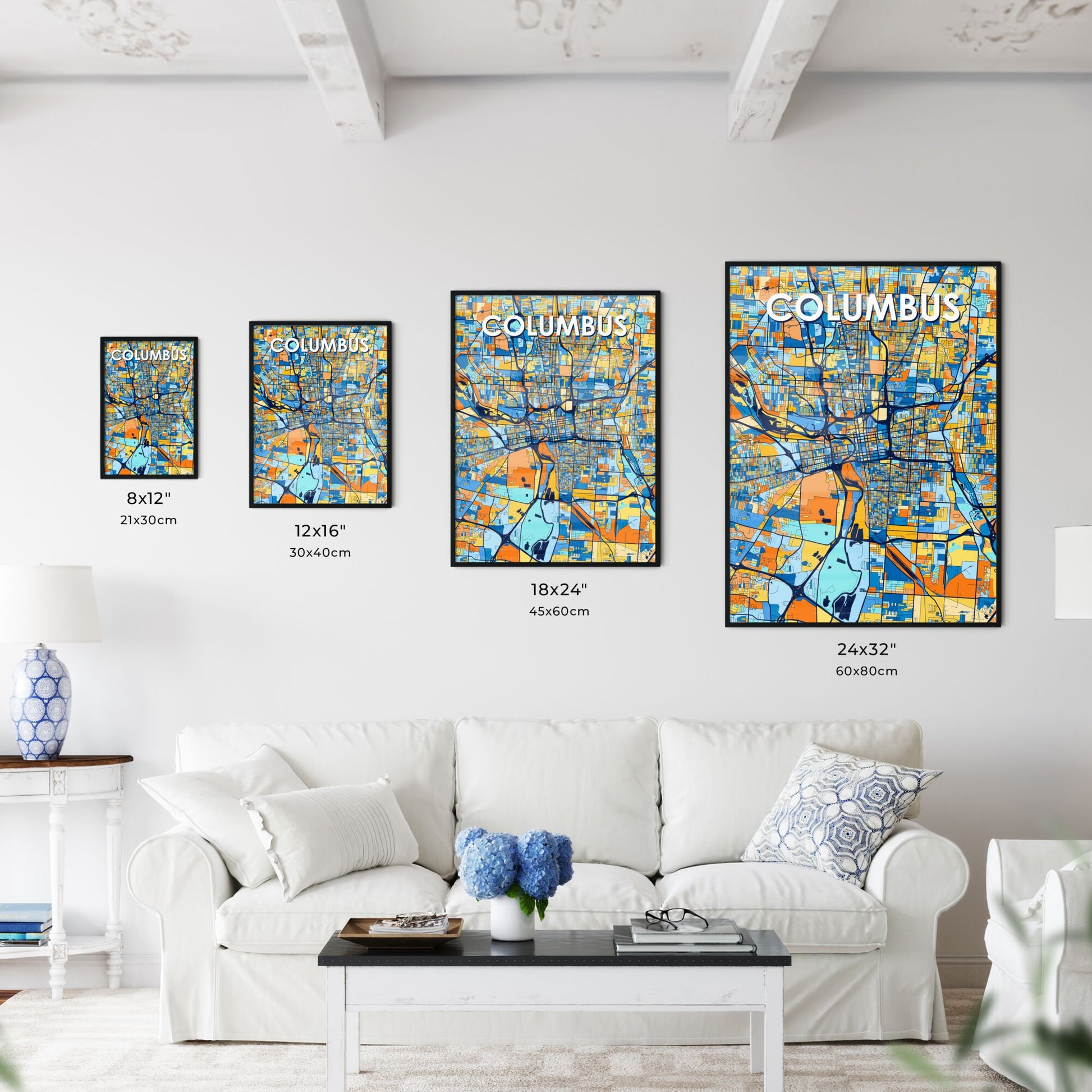 COLUMBUS OHIO Vibrant Colorful Art Map Poster Blue Orange