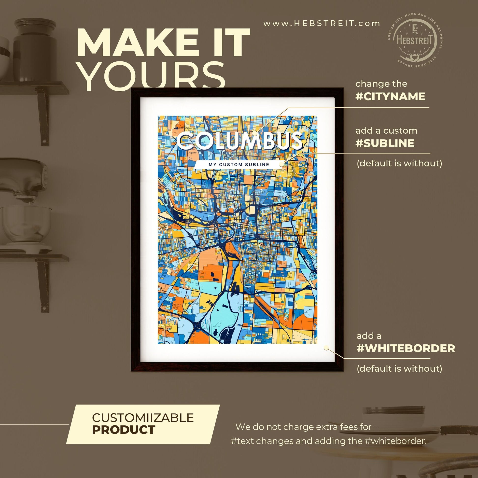 COLUMBUS OHIO Vibrant Colorful Art Map Poster Blue Orange