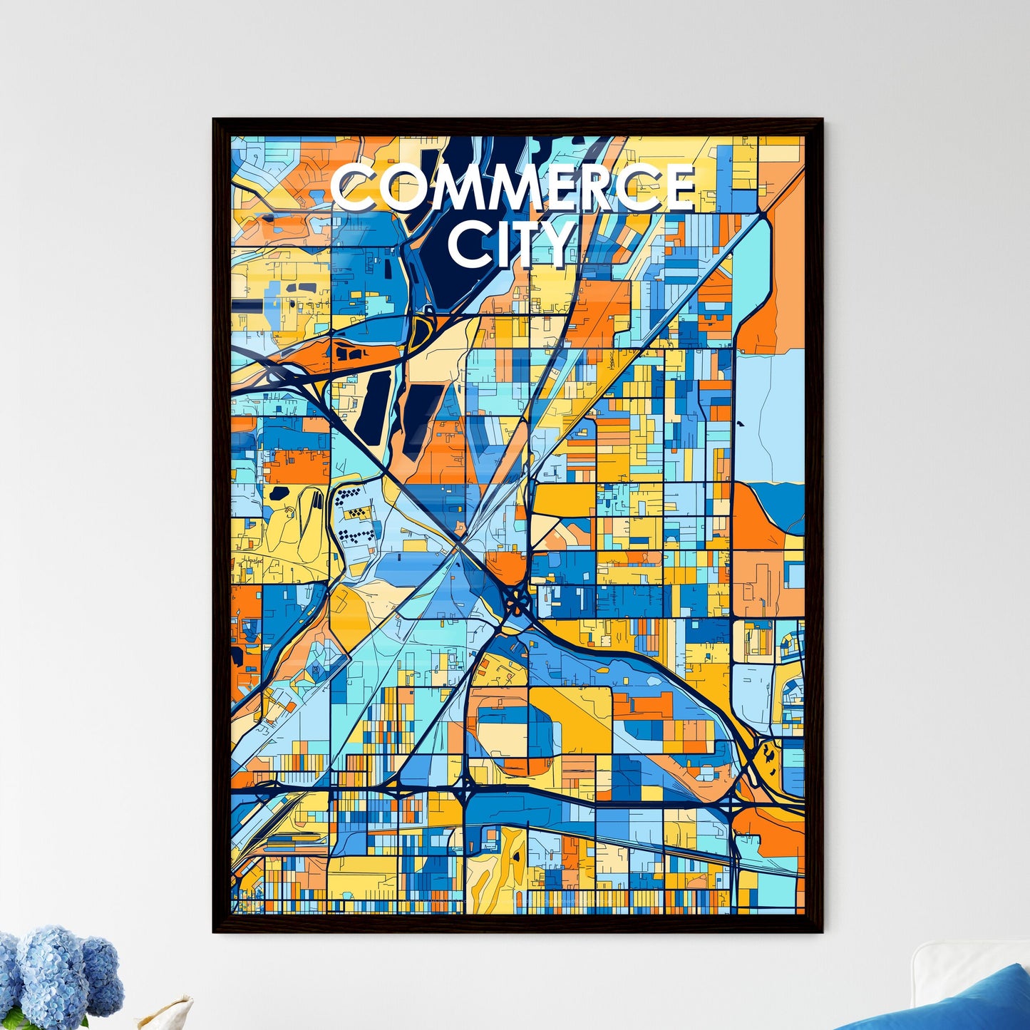 COMMERCE CITY COLORADO Vibrant Colorful Art Map Poster Blue Orange