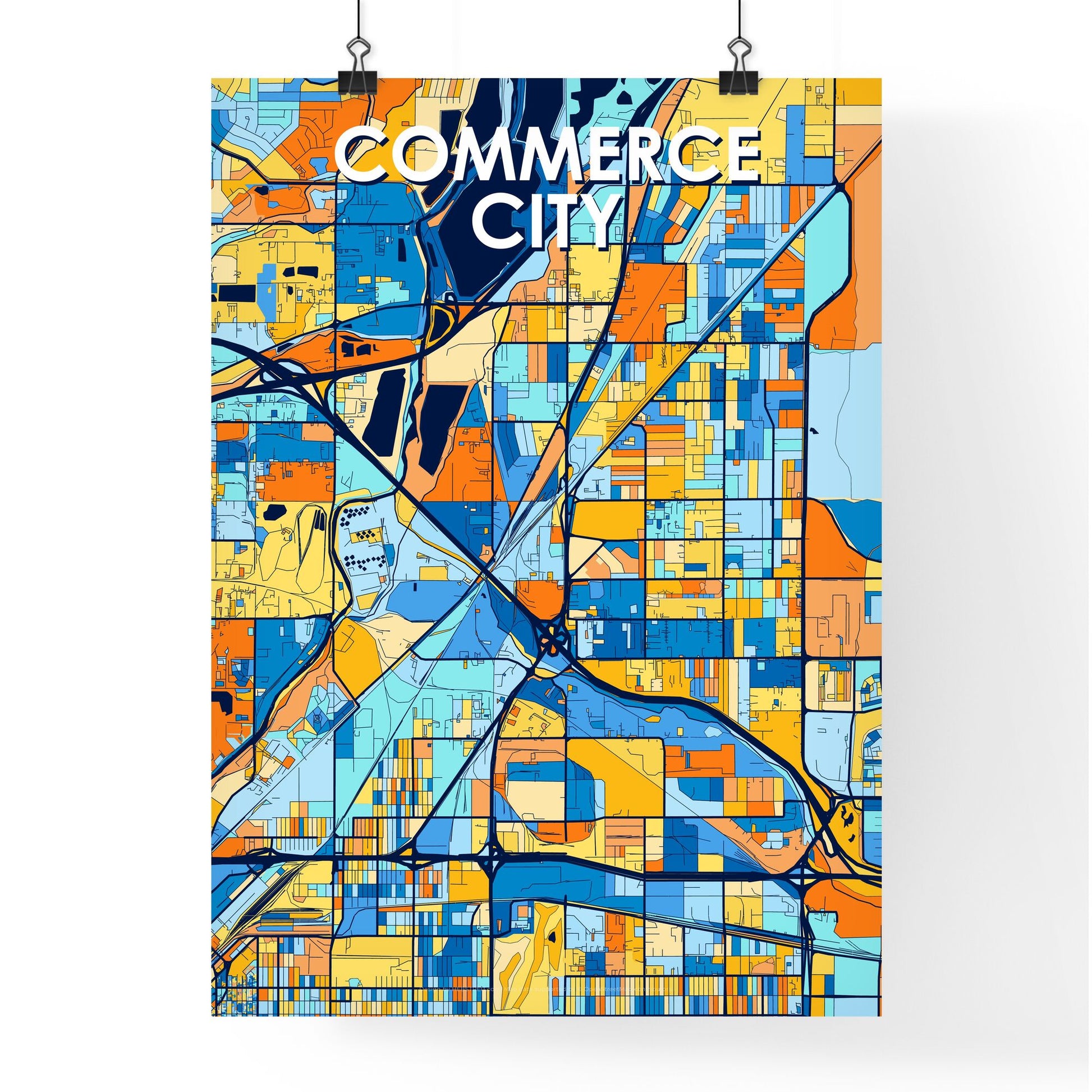 COMMERCE CITY COLORADO Vibrant Colorful Art Map Poster Blue Orange