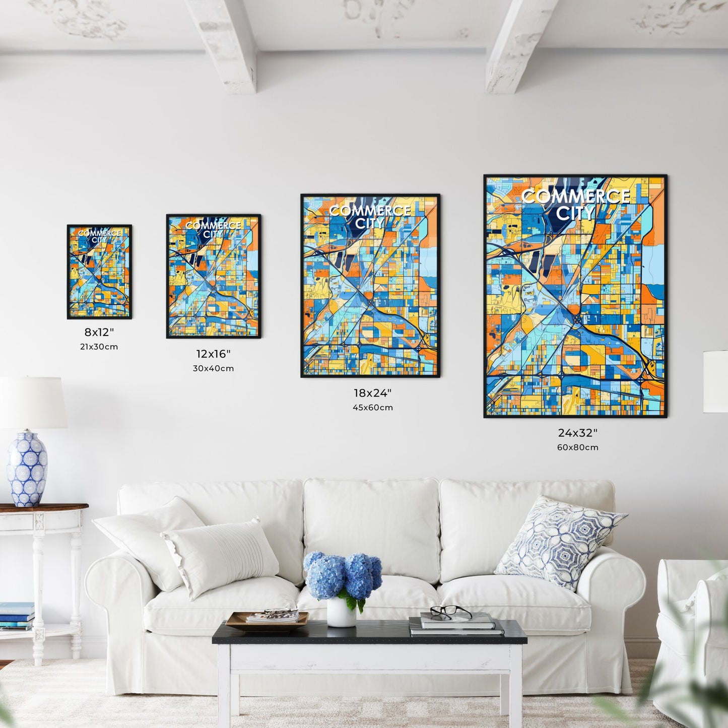 COMMERCE CITY COLORADO Vibrant Colorful Art Map Poster Blue Orange